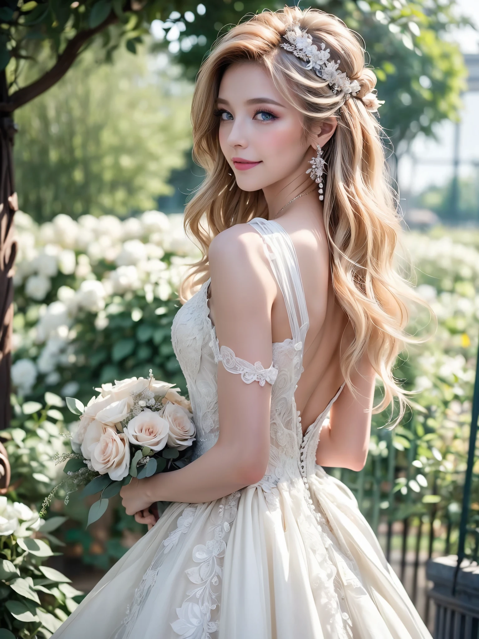 (masterpiece, best quality, beautiful and aesthetic:1.3), look back, looking at viewer, 1girl, solo, light smile, (makeup, long hair, light beige hair, blue eyes:1.2), Octane Render, bridal veil, lace-trimmed dress, see-through, wedding dress, outdoors, white roses, garden, morning, standing, extreme detailed,