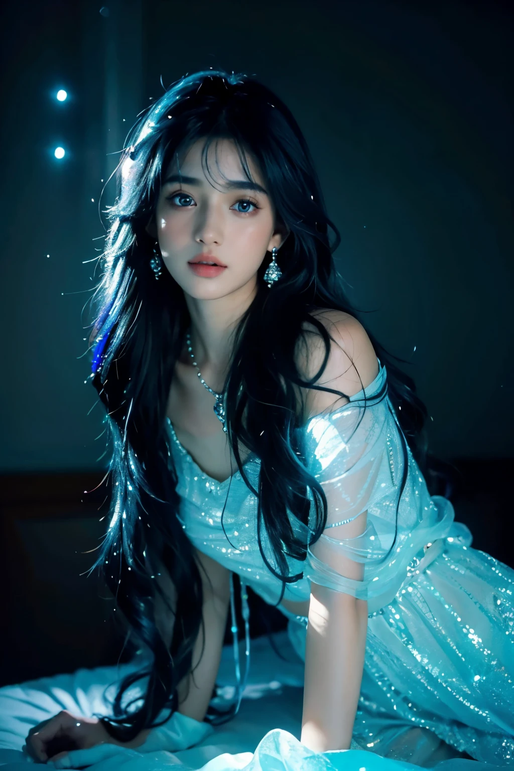 (4K:2.0), (ultra hd), Masterpiece, ((1girl)), beautiful face, (glowing face:1.5), detailed eyes, (ultra long flowing hair:1.5), (black and blue mixed hair color:1.2), crystal hair ornaments, earrings, necklace, (very beautiful:1.5), Blue dress, bare thigh, princess dress, jewellery, (soft light:1.5), (spreading lights:1.5), beautiful bright glowing, low lighting, dark views, (complex shadow:1.2), looking at viewers,