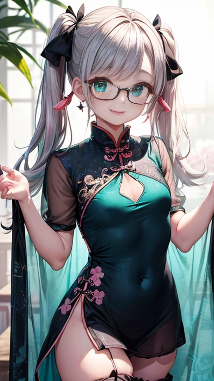 小さなgirl、Small breasts、The arrival of spring、Thick thighs、 (alone:1.5,)Very detailed,Bright colors, Very beautiful detailed anime faces and eyes, Look straight ahead, ;d, Shiny_skin,girl, ((Silver long hair,The inner color is red 、Forehead is exposed.、Green Eyes、Glasses、Shiny hair, Delicate beautiful face, blush、(Turquoise Eyes), White skin, Valletta, Earrings,、blue flower field、(((Star pattern pink、See-through、Black long Chinese dress、Black bloomers)))、Twin tails、smile、smile、Face dyed red
