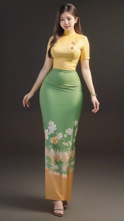 Burmese girl with attractive curvy full body.  Friends full-length bikini, (green dress) reflective long dress painted with flower patterns, only dress.  hi gh hips  High resolution  High resolution  natural background  High resolution  HD  3D,  8K cartoon anime 