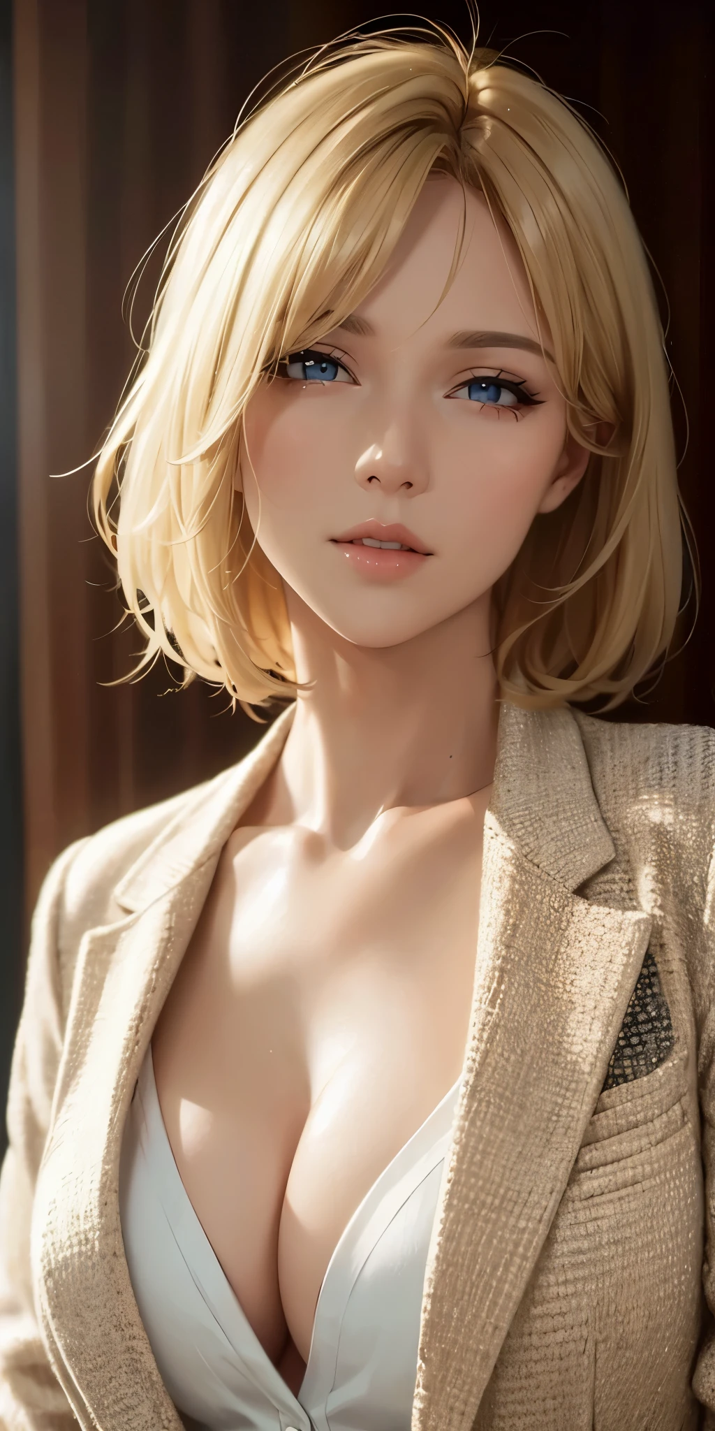 Hot mature woman, long neck, blonde hair, short wavy hair, bangs, blazer, cleavage, soft light, high quality, 4k resolution