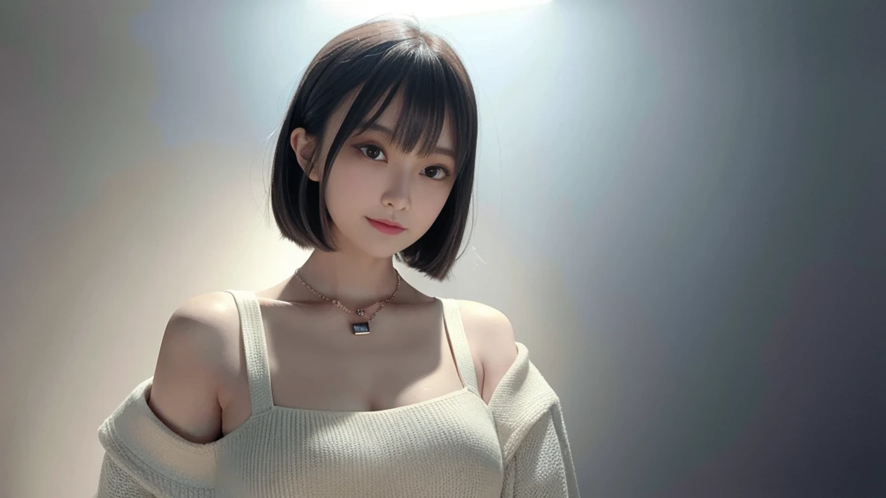 Cropped top hansohee, necklace, Bangs, Smile edge lighting, Two-color lighting, dim, Low profile, ultra-Practical Practical textures dramatic lighting unrealengine artstation, Award-winning photos, Nikon RAW photos, Eight thousand, Fuji XT3, masterpiece, best quality, Practical, photoPractical, Super detailed, Extremely detailed face,