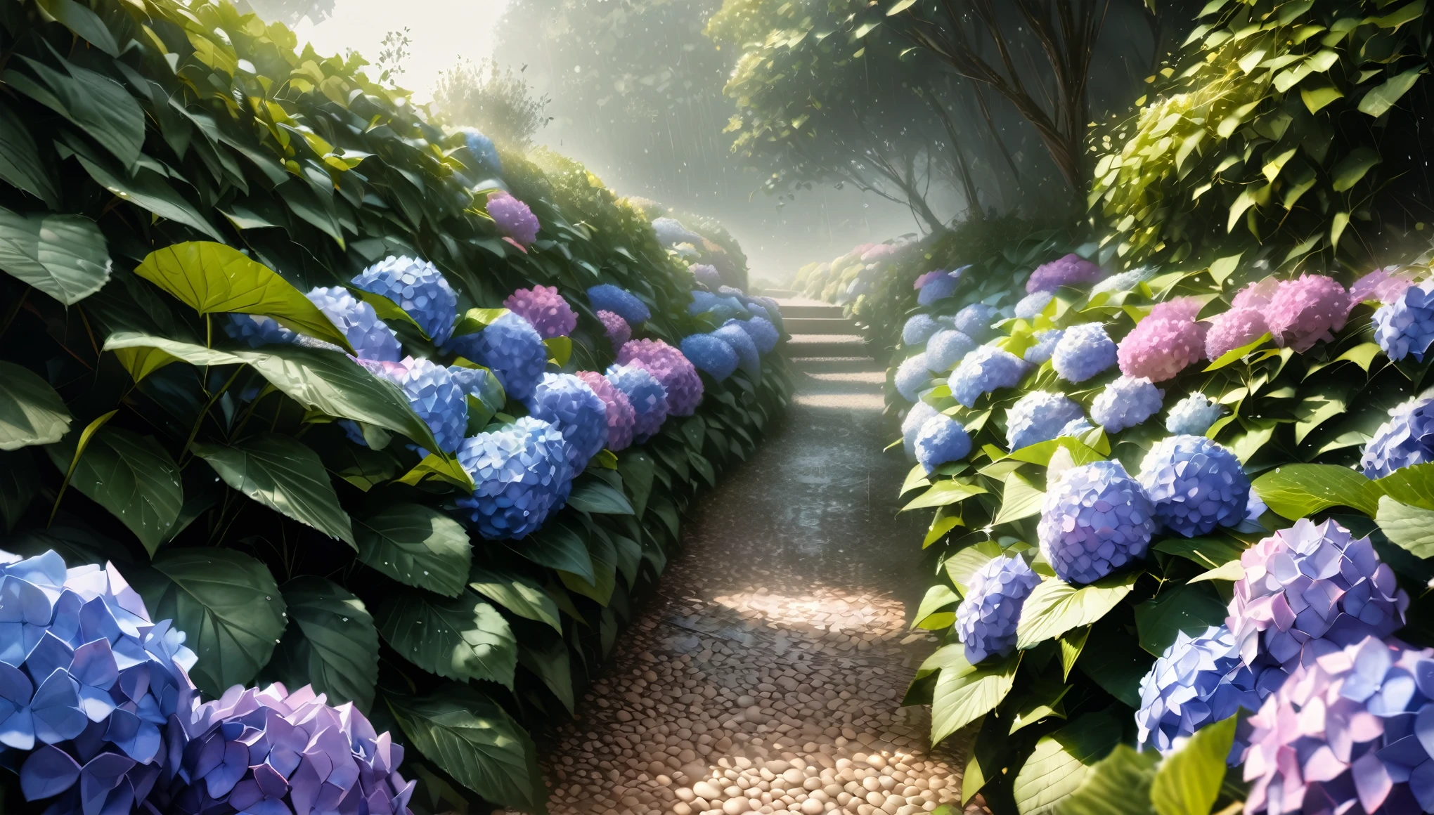 (highest quality:1.2, Very detailed, up to date, wallpaper, Ultra-high resolution, Photorealistic, masterpiece:1.2, highest quality, Best aesthetics),Hydrangea, garden, Light rain is falling, Small Slope, Pebble Road, Soft Light, Dark color palette, Loneliness, Silence.