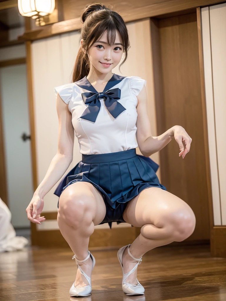 (highest quality),(High resolution),(8K),The whole body is shown,(Large Breasts:1.2),Long, slender legs,Beautiful feet,Slender,Narrow waist,(Hair up),Small Face,cute,smile,(Costumes with attention to detail:1.2),(Japan 2 women:1.2),mini skirt,Squat,Sailor Moon Costume