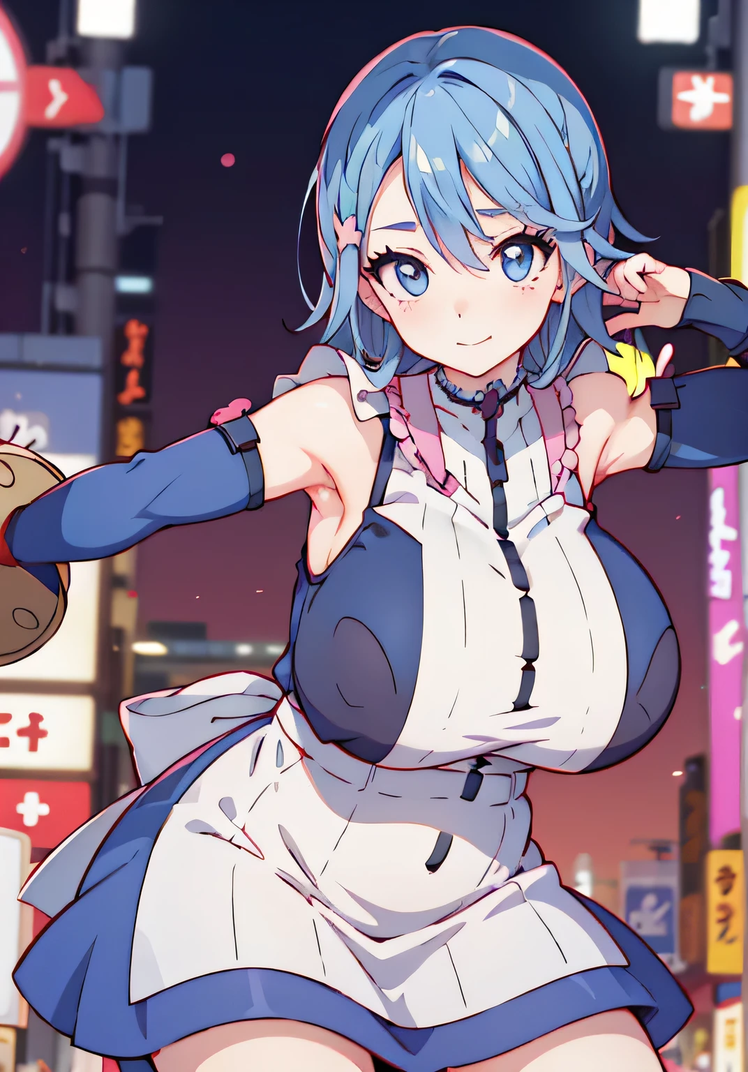 Anime illustration、highest quality、Plump maid、No sleeve、Akihabara、overwhelmingly big breasts、very thick thighs、Beautiful, shining eyes、Cowboy Shot、smile、Noise Reduction、Show your armpits