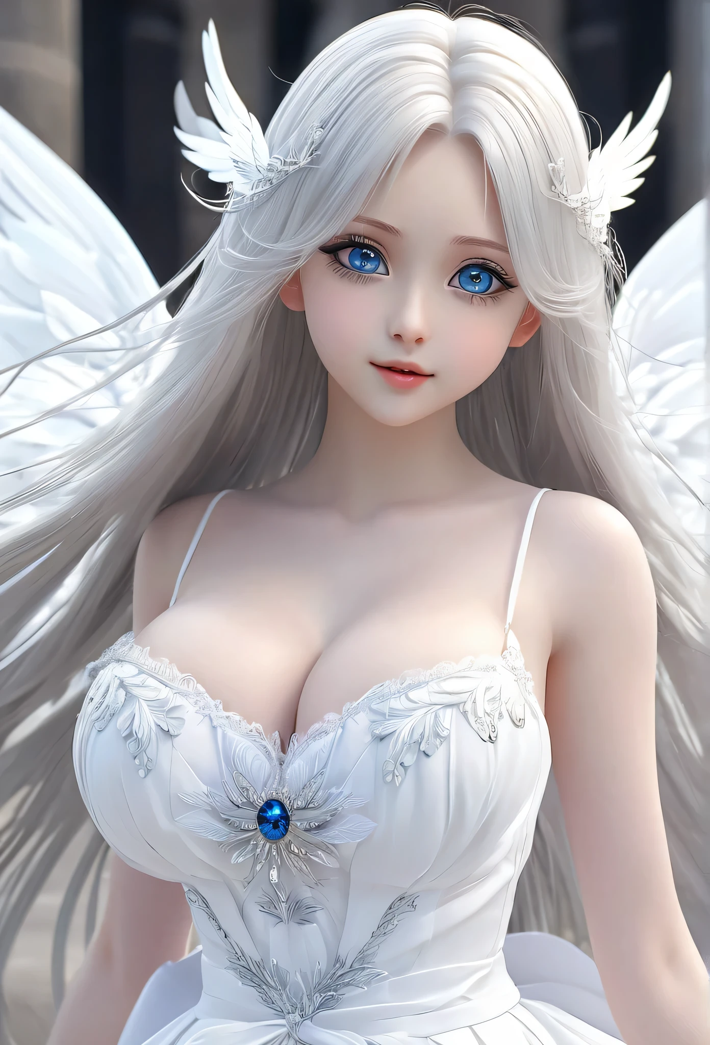 18-year-old girl，Silver long hair，Blue Eyes，Long eyelashes，White skin，Big eyes，Unbelievably huge breasts，((3D anime style))，A revealing white dress，white shining wings，