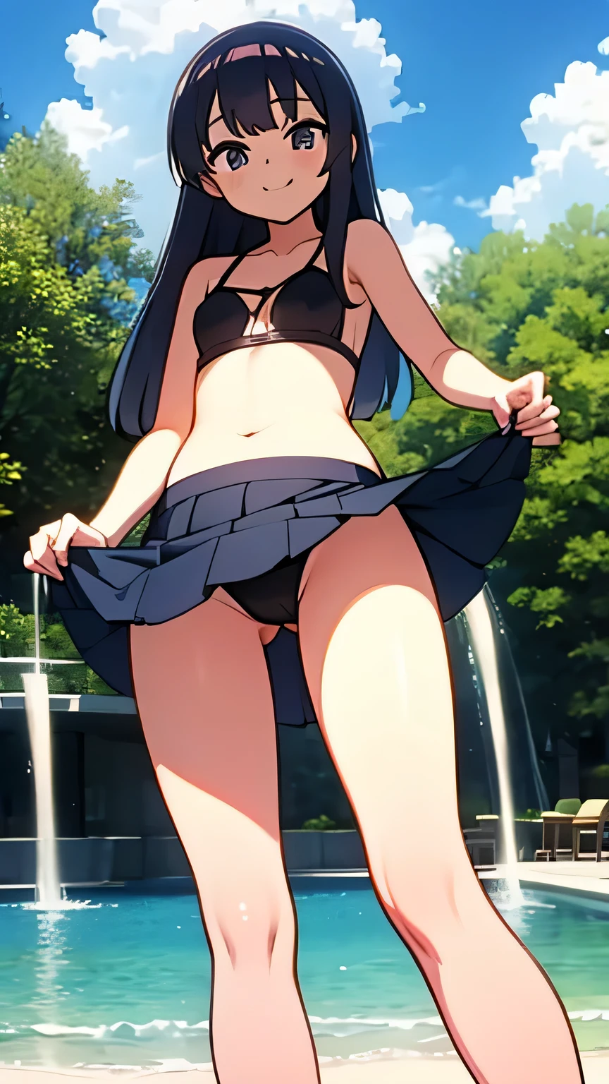 Best image quality,1People Girl,,Shiny Hair,black eye,Shining Eyes,smile,Double teeth,(Sunburn,Bikini Bag),sunflower,stream,Water Play,Wet,Tank top,See-through mini skirt,girl,small,small breasts,Navel Fashion,View from below,A mini skirt that falls to the waist,Panty shot