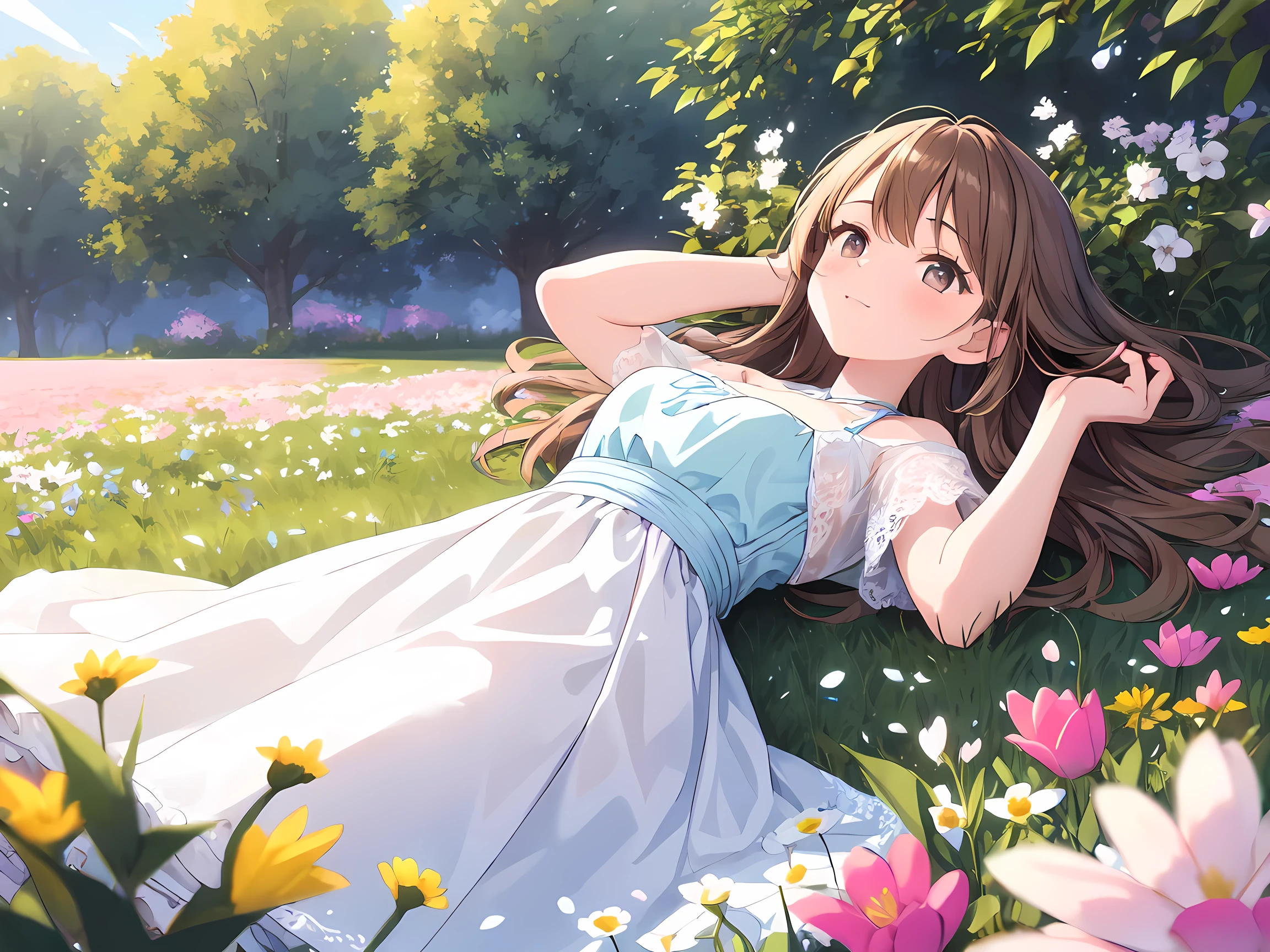 Young and caring girl with long light brown hair, ethereal lace pale-rainbow dress with silk accents, laying in a field of flowers and spring harvest as she enjoys the coming of spring in the early morning
