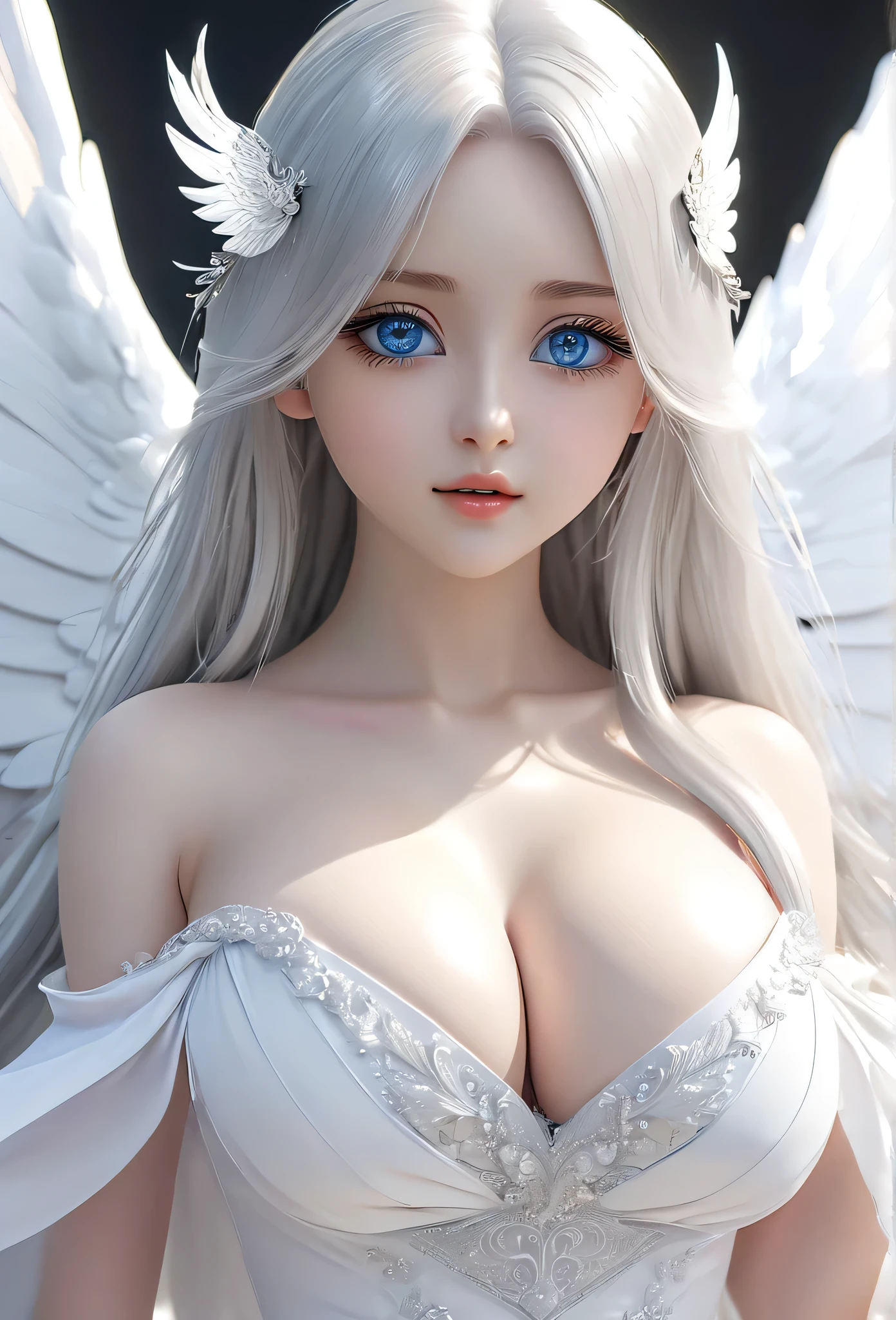 18-year-old girl,Silver long hair,Blue Eyes,Long eyelashes,White skin,Big eyes,Unbelievably huge breasts,((3D anime style)),A revealing white dress,white shining wings,
