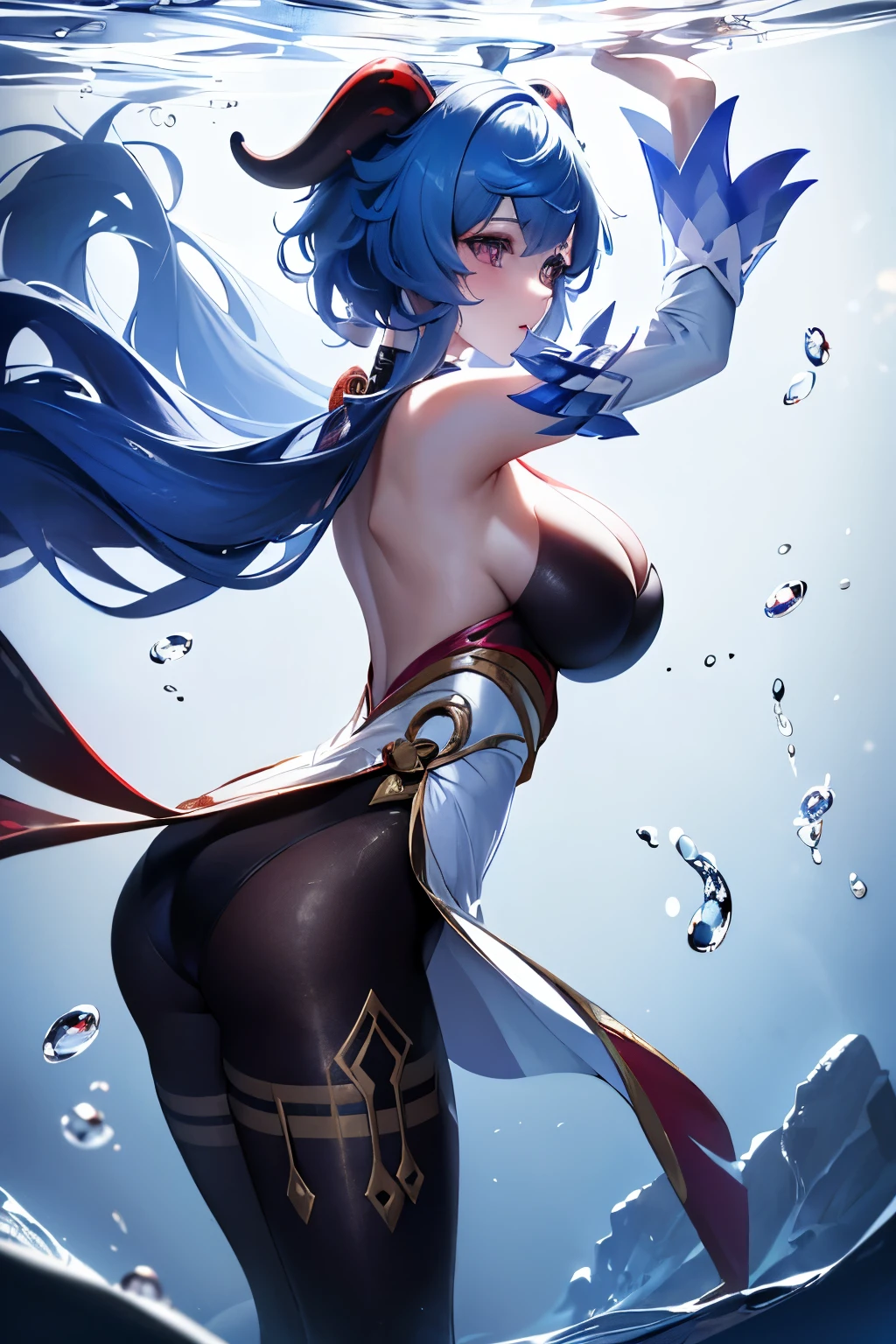 ((ganyudef)):1.5,((masterpiece,highest quality,Highly detailed images,Beautiful images))1.4(Image of ganyu with open arms、Huge underwater ruins in the background、Underwater world、Lots of bubbles floating、Overall dim lighting、Backlight、A fantastic atmosphere、Dust flutters)1.3,(Close-up image of kanroni)1.1、(Accentuate your breasts、Cleavage hidden by tights、Exposed sideboob):1.2