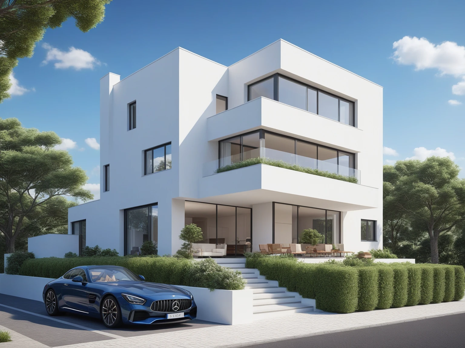 Architectural style Architectural style,  ((Classic Style House)),(masterpiece) , ((best quality)), dramatic lighting, high quality outdoors, sky, day, cloud, tree, blue sky, building, scenery, road, real world location,  sunlight, enough detail, high resolution,super realistic, Photorealistic, highly detailed, balcony, plants, door, car, truck, parking slot, paving, . Clean lines, architectural drawing, highly detailed  , . Clean lines, geometric shapes, minimalist, modern, architectural drawing, highly detailed