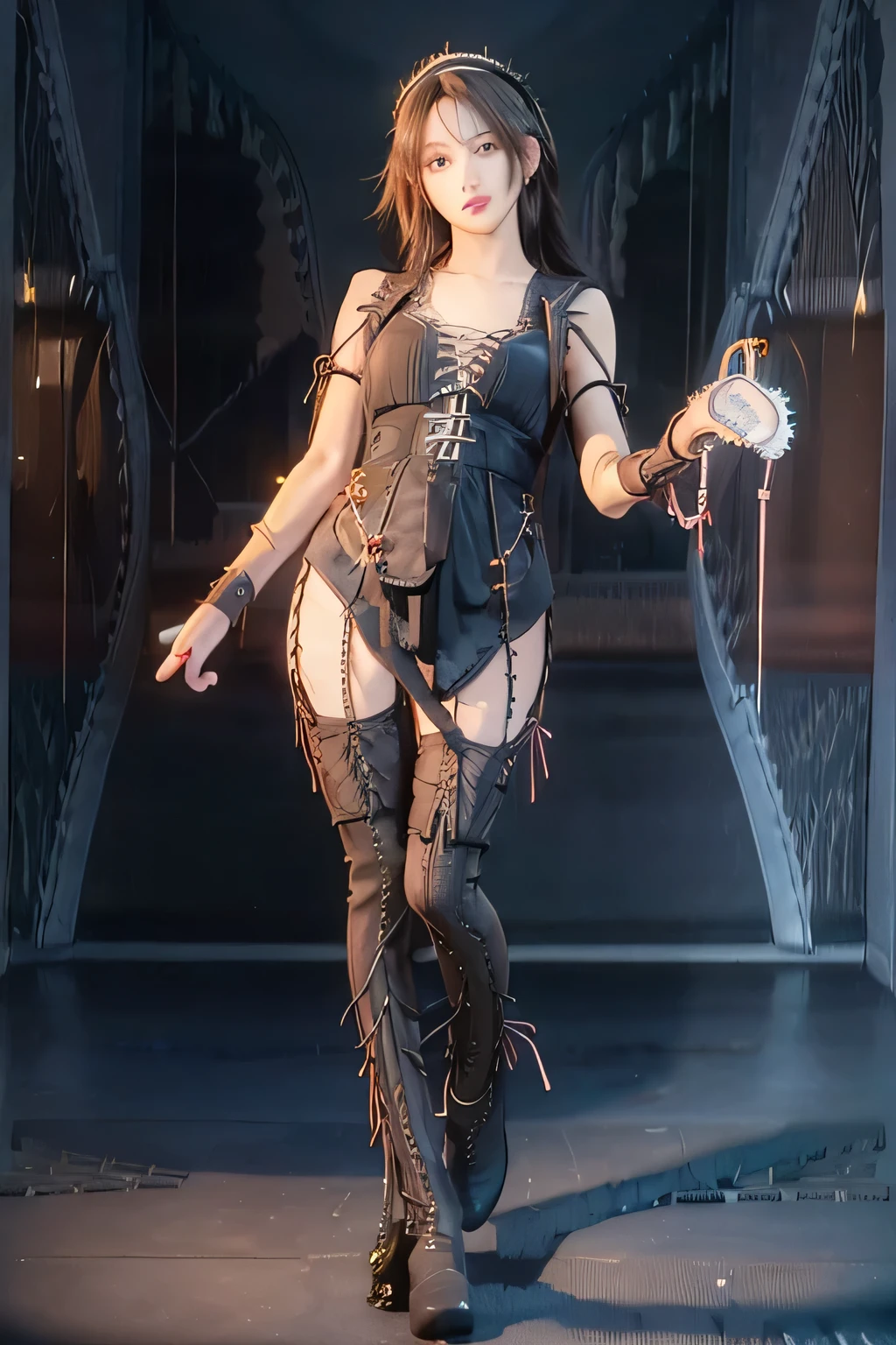 An innocent 20-year-old girl, (Lace-Up Stockings and Garter Set:1.8), (high heels), (Dramatic Pose),smile, (High Ponytail),natural Park、RAW Photos, (8k, highest quality, masterpiece:1.2), (Intricate details:1.4)、(Photorealistic:1.4), Octane Rendering, Complex 3D rendering with ultra-detail, Studio Soft Light, Rim Light, Vivid details, Super Detail, Realistic skin texture, Detailed aspect, Beautiful details in the eyes, Highly detailed CG Unity 16k wallpaper, compensate, (Detailed Background:1.2), Glowing Skin, whole body, ((thin legs)), small waist, Cleavage, (looking at viewer:3.0)