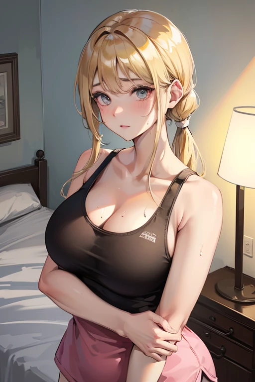 30-year-old woman、Big Breasts、Pigtails、Tank top、legginguscular body、Sweaty、Slanted Eyes、、Sweaty、Arms crossed in front of you、whole body、Looking into the eyes、Blonde、Bedroom、Chubby body type、