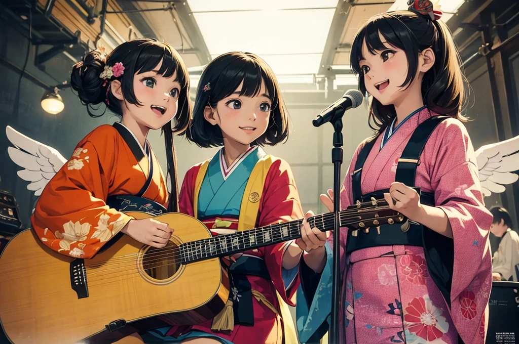 (masterpiece, best quality:1.1), popart style,flat color, (power trio band),tween girls,wear kimono,guitar,drums,keyboard,
they enjoy playing,japanese steam-punk,taisho era,dynamic angel,very happy,beautiful lighting, photographic portrait, sharp,Illustration by okama,