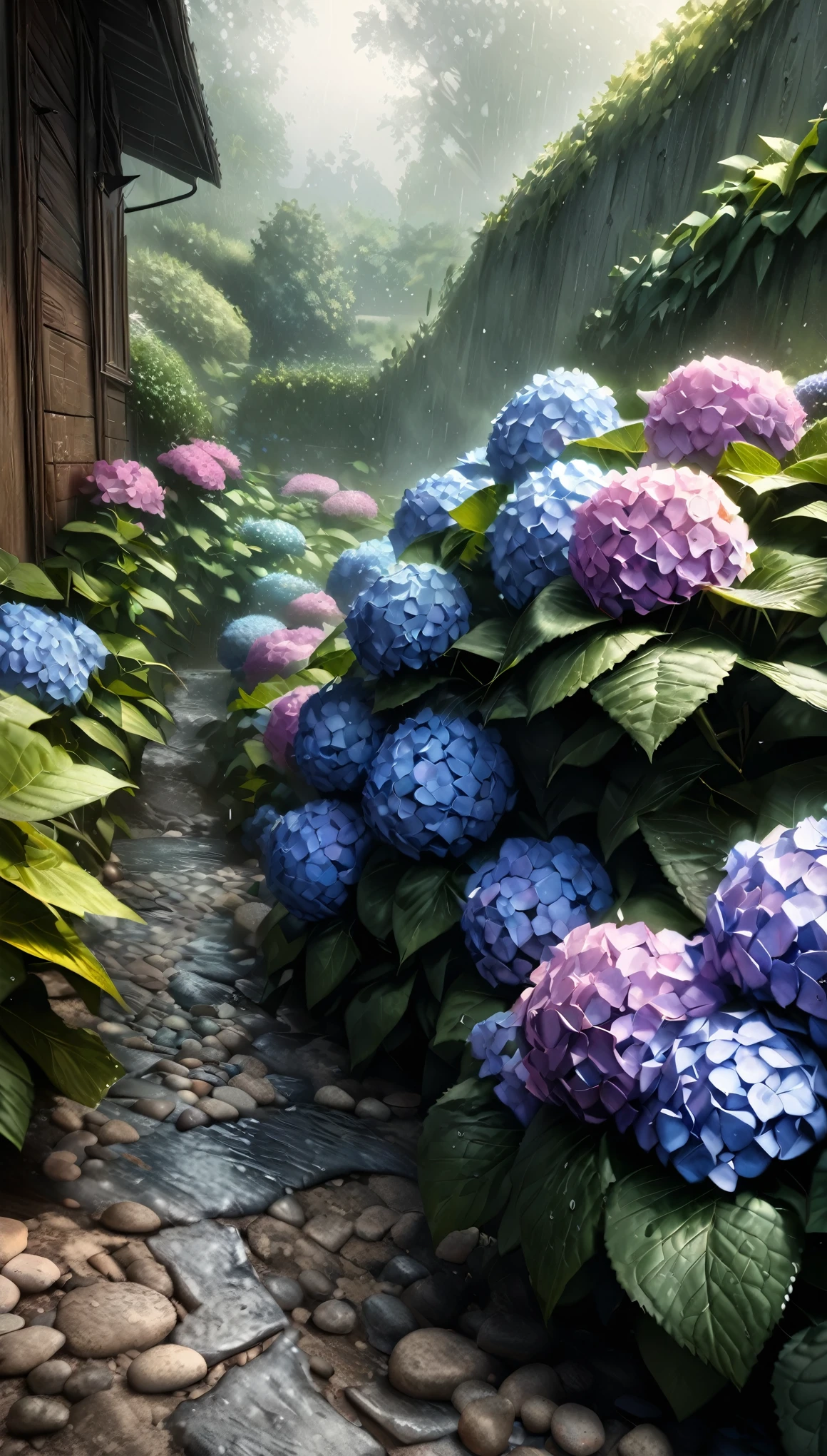 (highest quality:1.2, Very detailed, up to date, wallpaper, Ultra-high resolution, Photorealistic, masterpiece:1.2, highest quality, Best aesthetics),Hydrangea, garden, Light rain is falling, Small Slope, Pebble Road, Soft Light, Dark color palette, Loneliness, Silence.