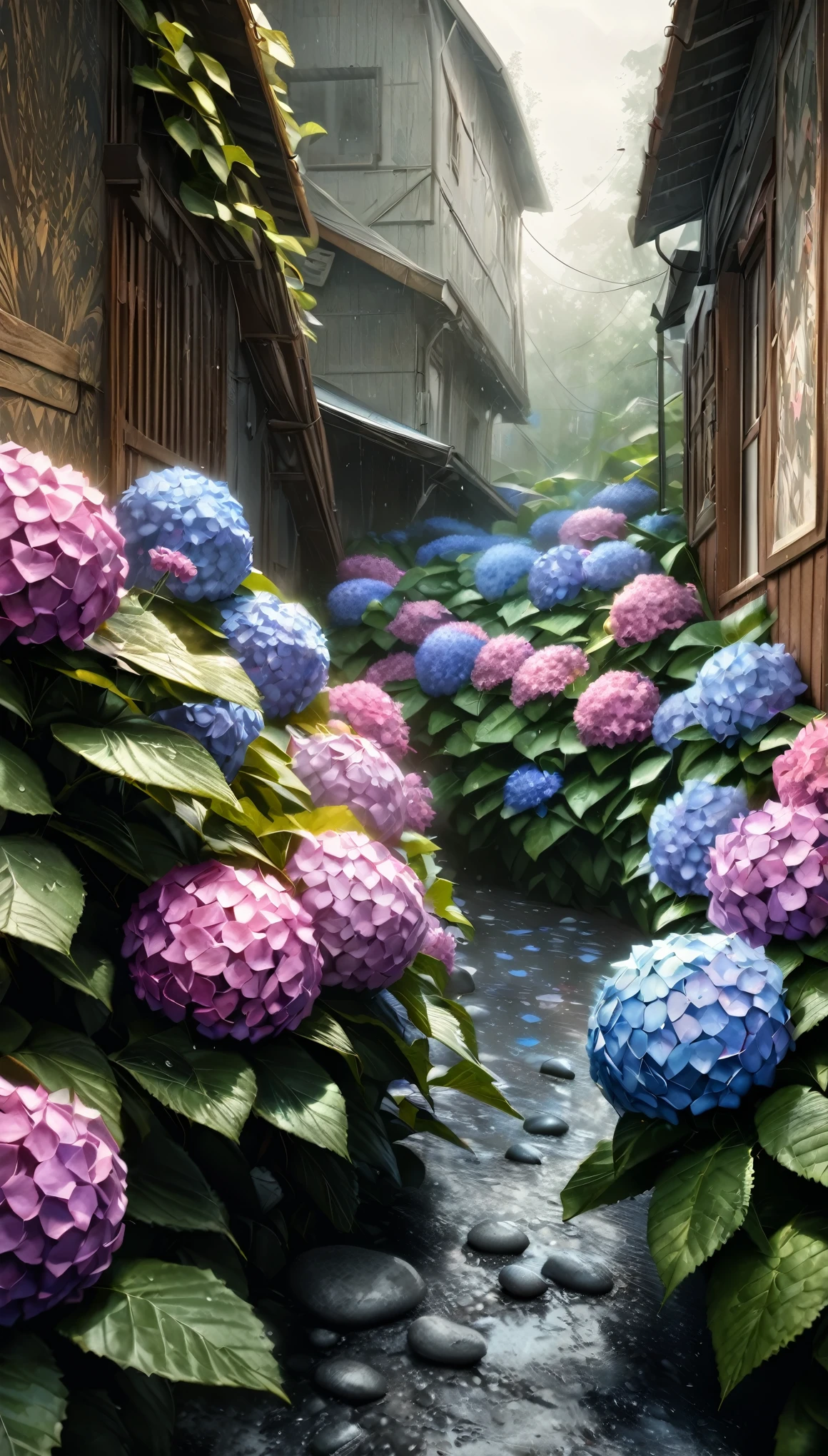 (highest quality:1.2, Very detailed, up to date, wallpaper, Ultra-high resolution, Photorealistic, masterpiece:1.2, highest quality, Best aesthetics),Hydrangea, garden, Light rain is falling, Small Slope, Pebble Road, Soft Light, Dark color palette, Loneliness, Silence.