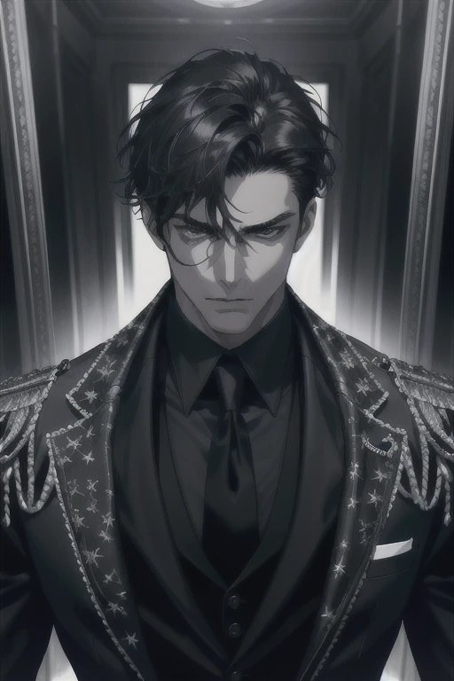 (absurdres, highres, ultra detailed), 1 male, adult, handsome, tall muscular guy, broad shoulders, finely detailed eyes and detailed face, fantasy, night, dark theme, cinematic lighting, portrait, light, facing front, staring at something, silver eyes, black shaggy hair, black suit and black gloves, serious face