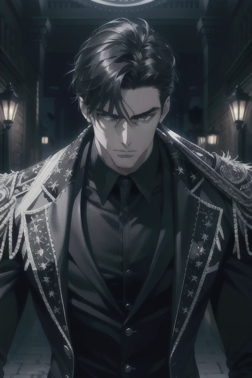 (absurdres, highres, ultra detailed), 1 male, adult, handsome, tall muscular guy, broad shoulders, finely detailed eyes and detailed face, fantasy, night, dark theme, cinematic lighting, portrait, light, facing front, staring at something, silver eyes, black shaggy hair, black suit and black gloves, serious face