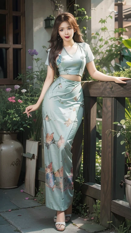 Burmese girl with attractive curvy full body. Friends full-length bikini, (green dress) reflective long dress painted with flower patterns, only dress. hi gh hips High resolution High resolution natural background High resolution HD 3D, 8K cartoon anime