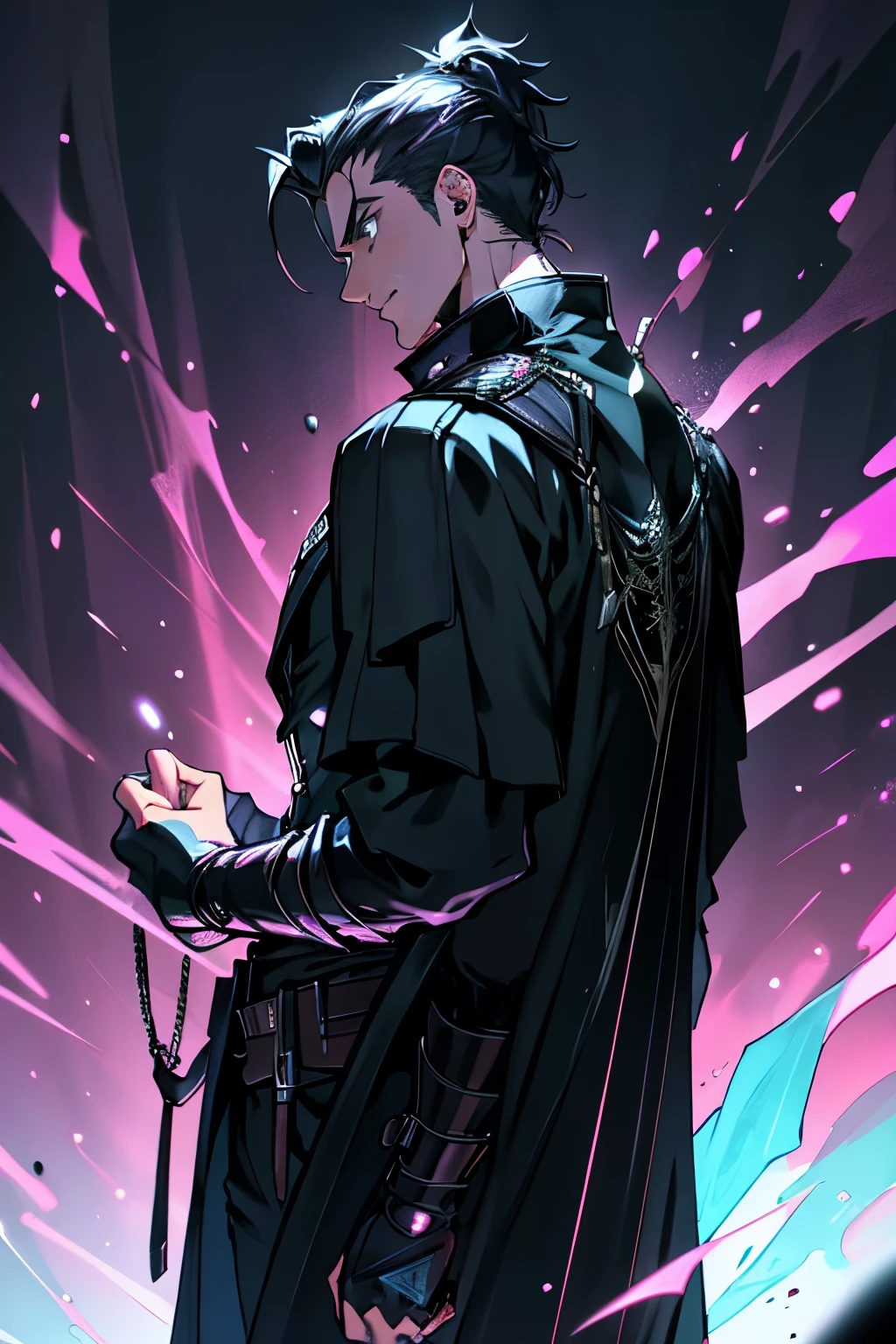 Anime boy, 25 years old, with back hair slicked back, confidently stands with a cool smirk, his hand hidden in the pocket of his cloak streetwear. His killer looks exude an aura of danger and power, captivating the viewer with his mesmerizing gaze.
In the 3d rendered scene, the top view lens focuses on the boy with neon lights illuminating the edges of his cloak, making it appear neon glowing and hyper-realistic. The ultra-detailed composition is taken with an 8k camera, demonstrating extreme detail and sharp focus. The cinematic lighting emphasizes the boy's intimidating presence, bringing