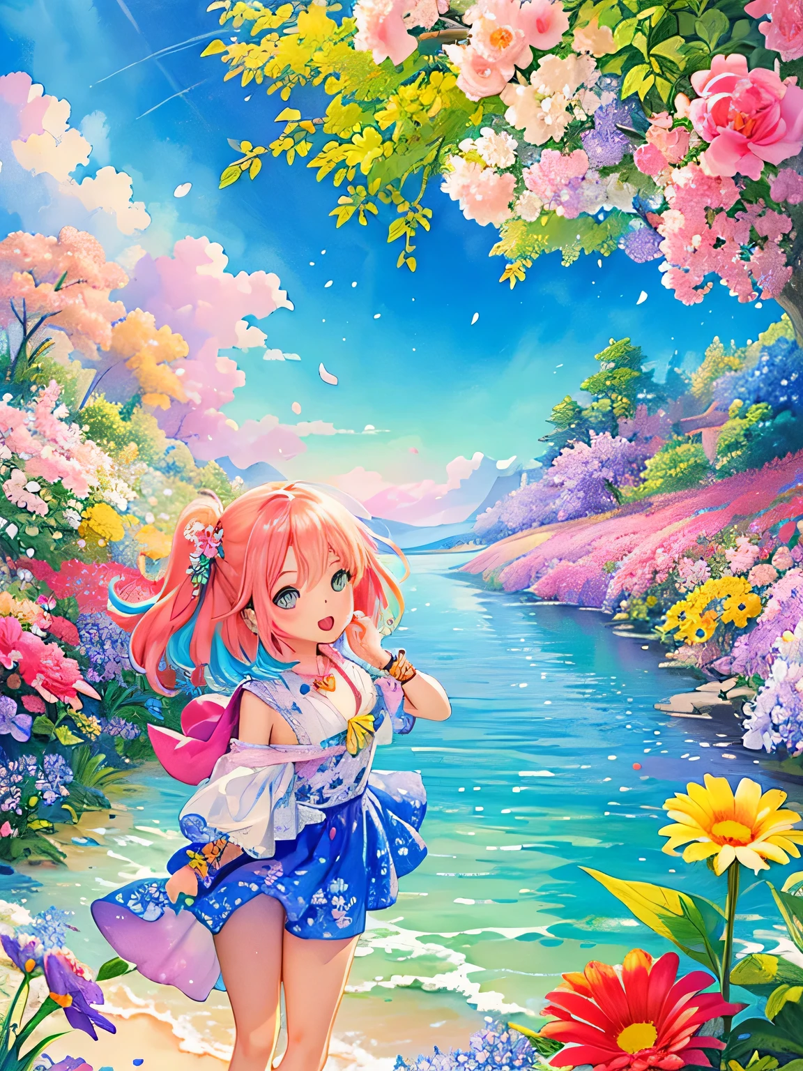 Akira Toriyama style、8K Quality、Intense watercolor, Detailed watercolor art, Watercolor splash, Surreal, avant-garde pop art, Beautiful and expressive paintings, Beautiful artwork illustration, Very colorful tones, wonderful, Cool beauty, highest quality、Official Art, Vector art, Stylish design, ((The most beautiful girl of all time)), (((highest quality))), HDR, ((detailed)), (((Doodle Art)), ((masterpiece)), ((Super detailed)), (((Colorful flowers))), Midsummer Beach,