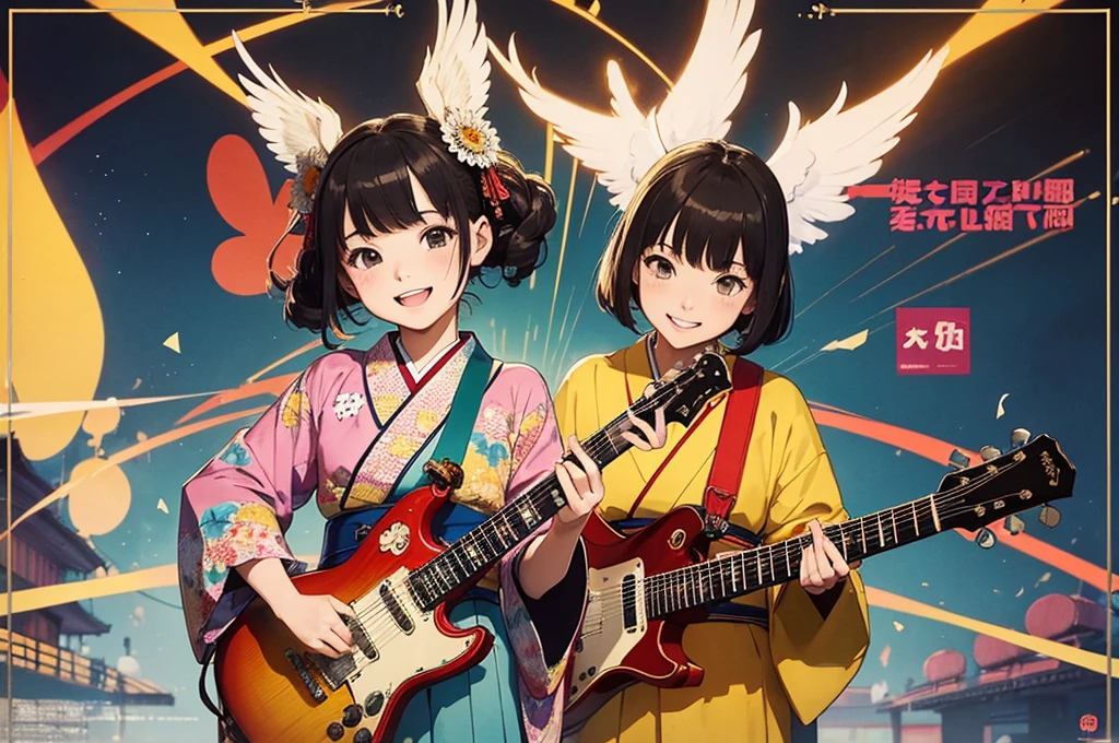 (masterpiece, best quality:1.1), popart style,flat color, (power trio band),tween girls,wear kimono,guitar,base,keyboard,
they enjoy playing,japanese steam-punk,taisho era,dynamic angel,very happy,beautiful lighting, photographic portrait, sharp,Illustration by okama,