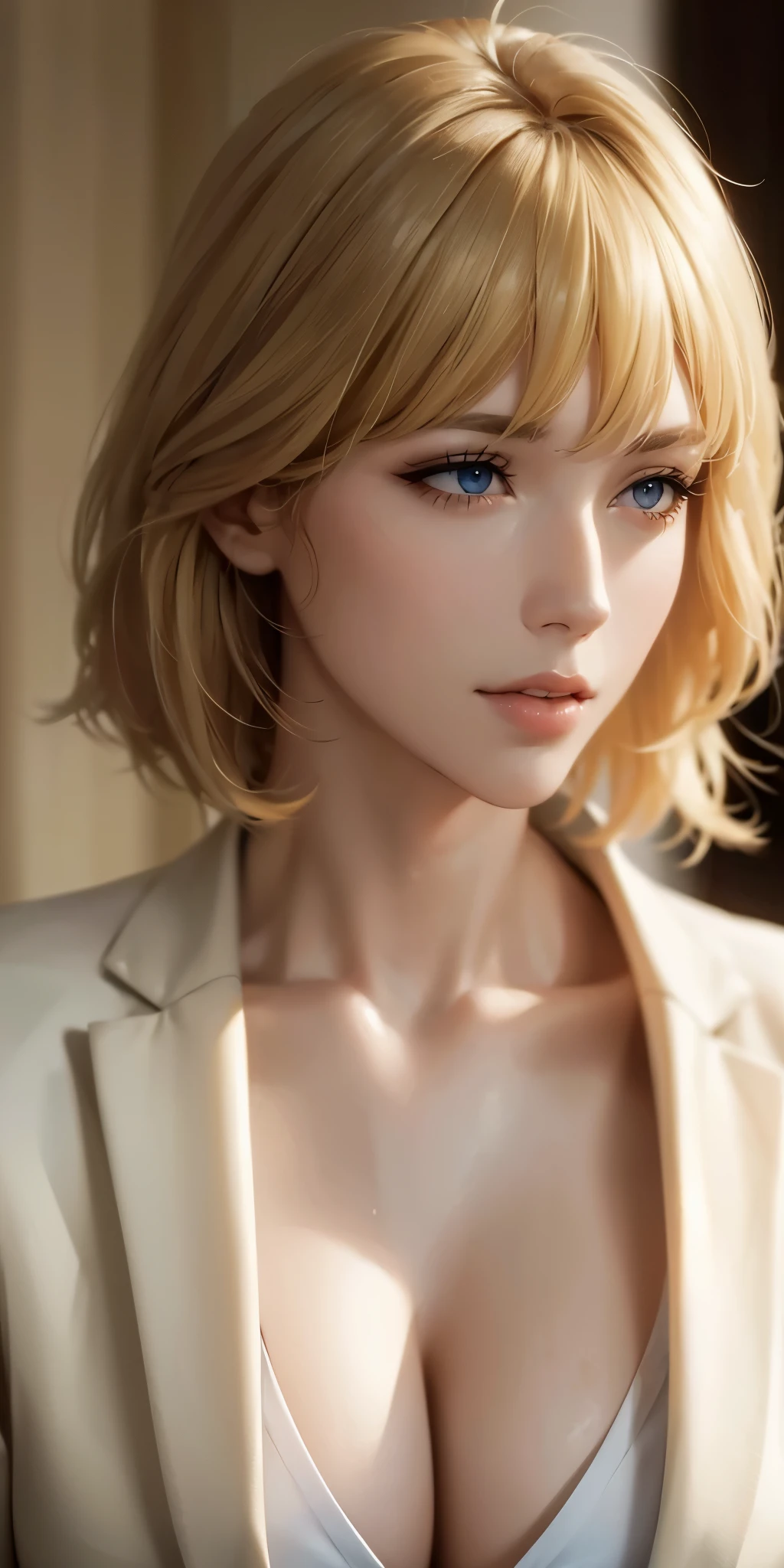 Hot mature woman, long neck, blonde hair, short wavy hair, bangs, blazer, cleavage, soft light, high quality, 4k resolution 