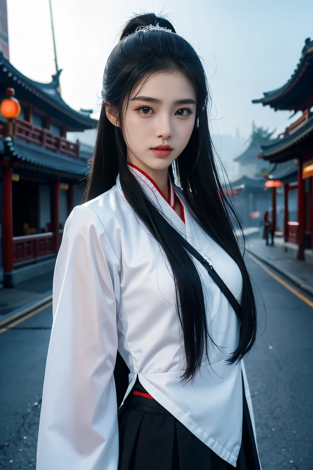 Chinese girl,18yr old,high school senior,Bust photo,longponytail,black color hair,Flowing hair,Devil's Eye,A plump chest,High chest,Blue and white ,Chinese school clothing,Keep your mouth shut,Side Body,elegant and charming,heroic look,fog atmosphere,Street background at night,hyper realisitc,8K,be full of details,realistically