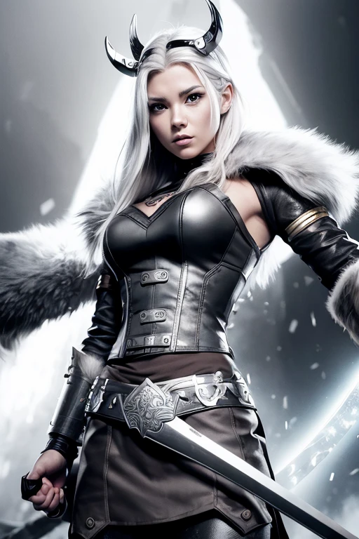 female viking warrior queen, slim fine face, white hair, epic lighting, black and white, comic book style, vector, no background, by Akira Toriyama, 