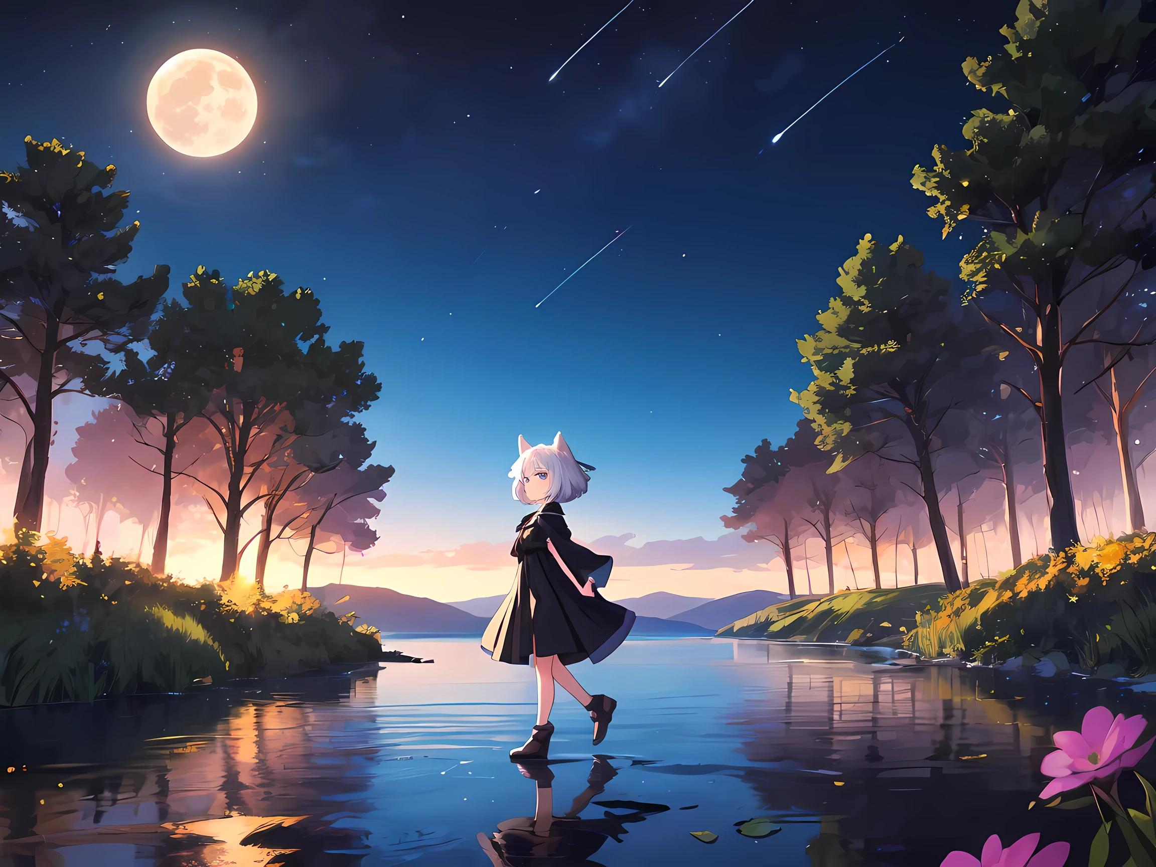 Magical and serene dog girl with short silver hair, luminous black stardust gown, walking by a forest lake as she watches the moon and stars reflect upon the water's surface

