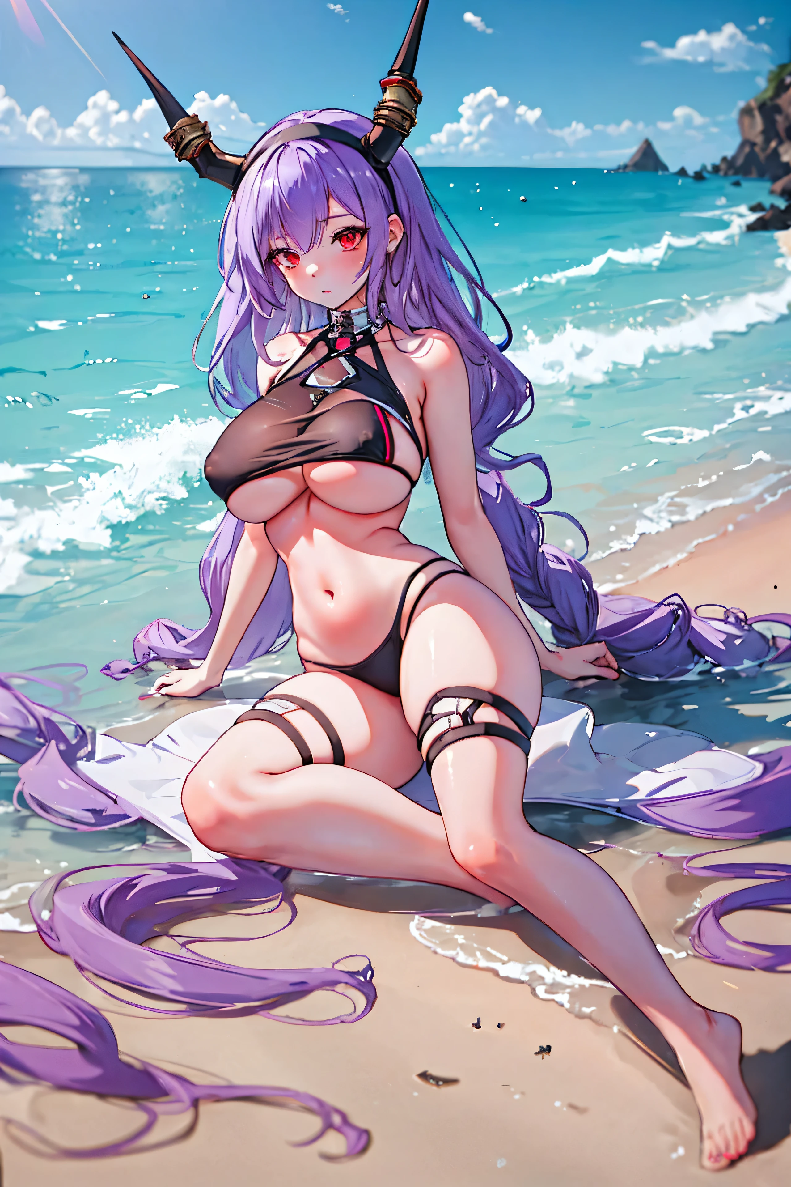typhon| arknights, micro bikini, Masterpiece, best quality, 1 girl,25 years old , Huge, enormous breasts, very long hair, hairband, purple hair, red eyes, proportion body, proportion, show your , Water set, This micro bikini,micro mini bikini, Lying on the beach with alluring challenges, unctuous. ,only, beautiful sea, The sky is beautiful, Looking at the audience from the front, thigh strap, tilt your head, bored, 10, 10, high resolution, expressionless,