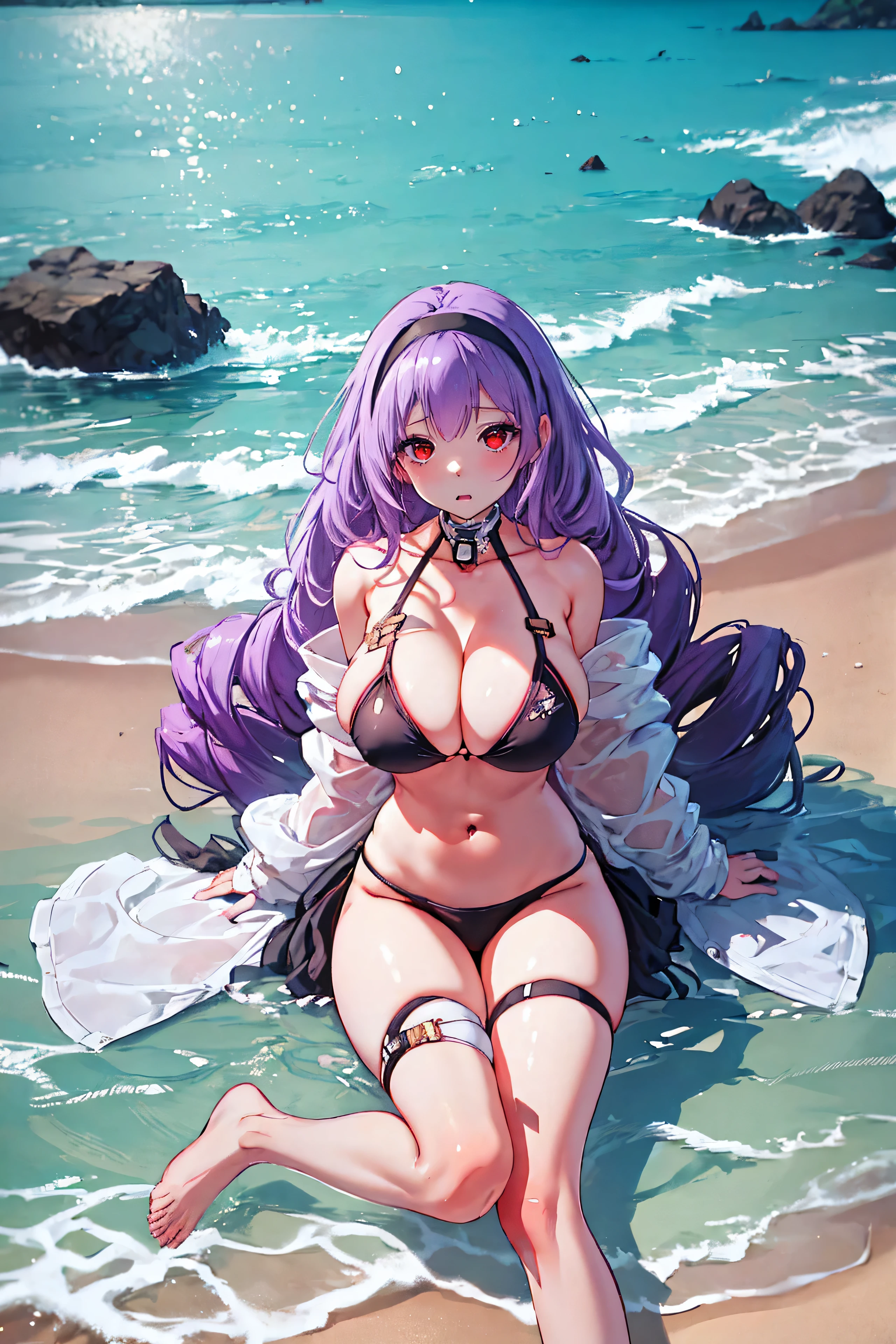 typhon| arknights, micro bikini, Masterpiece, best quality, 1 girl,25 years old , Huge, enormous breasts, very long hair, hairband, purple hair, red eyes, proportion body, proportion, show your , Water set, This micro bikini,micro mini bikini, Lying on the beach with alluring challenges, unctuous. ,only, beautiful sea, The sky is beautiful, Looking at the audience from the front, thigh strap, tilt your head, bored, 10, 10, high resolution, expressionless,
