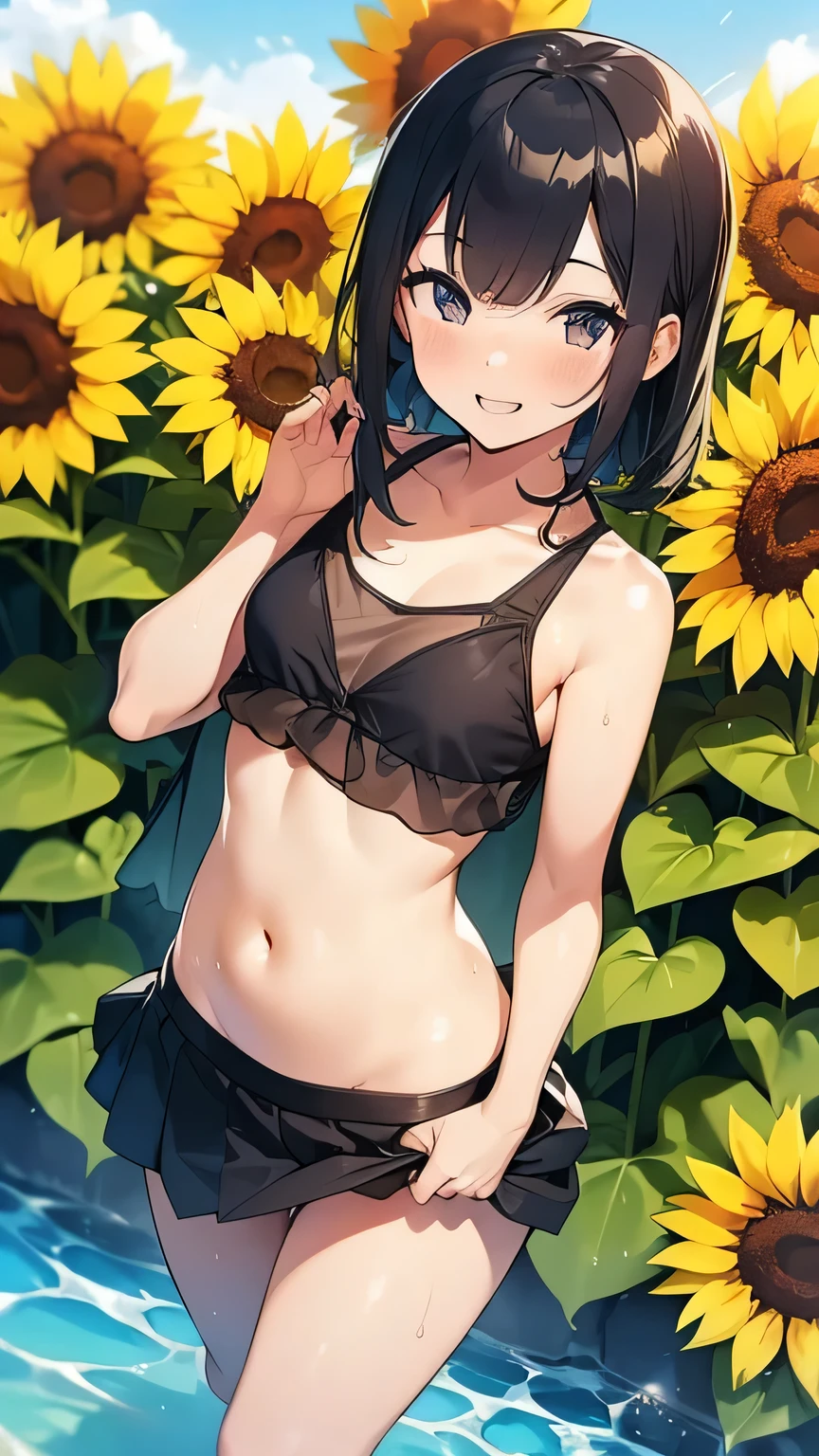 Best image quality,１People Girl,,Shiny Hair,black eye,Shining Eyes,smile,Double teeth,(Sunburn,Bikini Bag),sunflower,stream,Water Play,Wet,Tank top,See-through mini skirt,girl,small,small breasts,Navel Fashion,View from below,A skirt that falls down to the waist,Panty shot