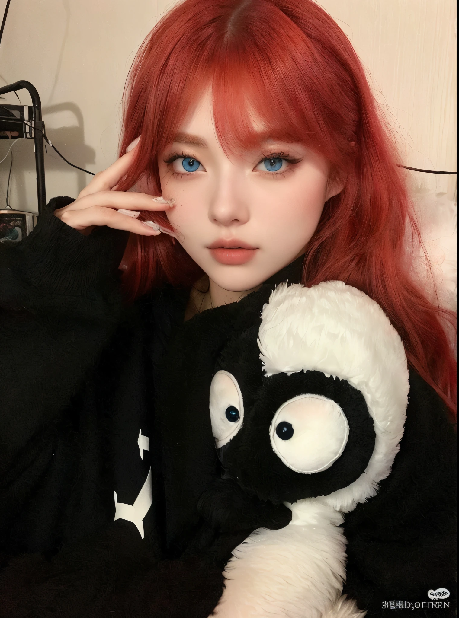 arafed woman with rojo hair and blue eyes holding a stuffed panda bear, ulzzang, lindos ojos redondos e inclinados, ((rojo)) ojos holgados, lindos ojos grandes, 1 7 anime gothic girl, grandes ojos de dos tonos, gothic girl aesthetic, crimson rojo hair and rojo eyes, with long rojo hair, linda chica kawaii, with rojo hair