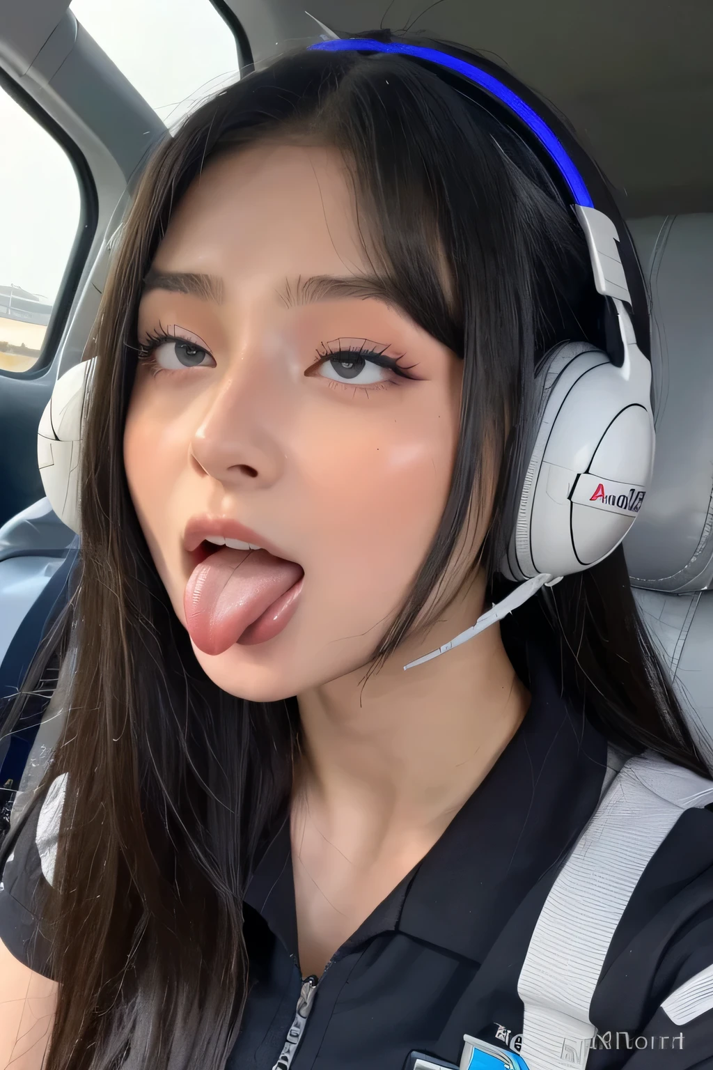 ,1 girl、Taylor Hill、1 girl、超High resolution, retina, Accurate, masterpiece, Anatomically correct, Super Detail, Textured skin, Attention to detail, high quality, High resolution, 8k、、Big double eyes、nose、The focus is on the mouth、close-up focus on face、Woman with open mouth and closed eyes、18-year-old、Black Hair、tongue out, tongue, Saliva trace, Drooling, Ahegao, long tongue, Verbal invitation, Pulling the hair back, Gray background,Half Backlight,Pilot uniform,The pilot has,airplane cockpit,