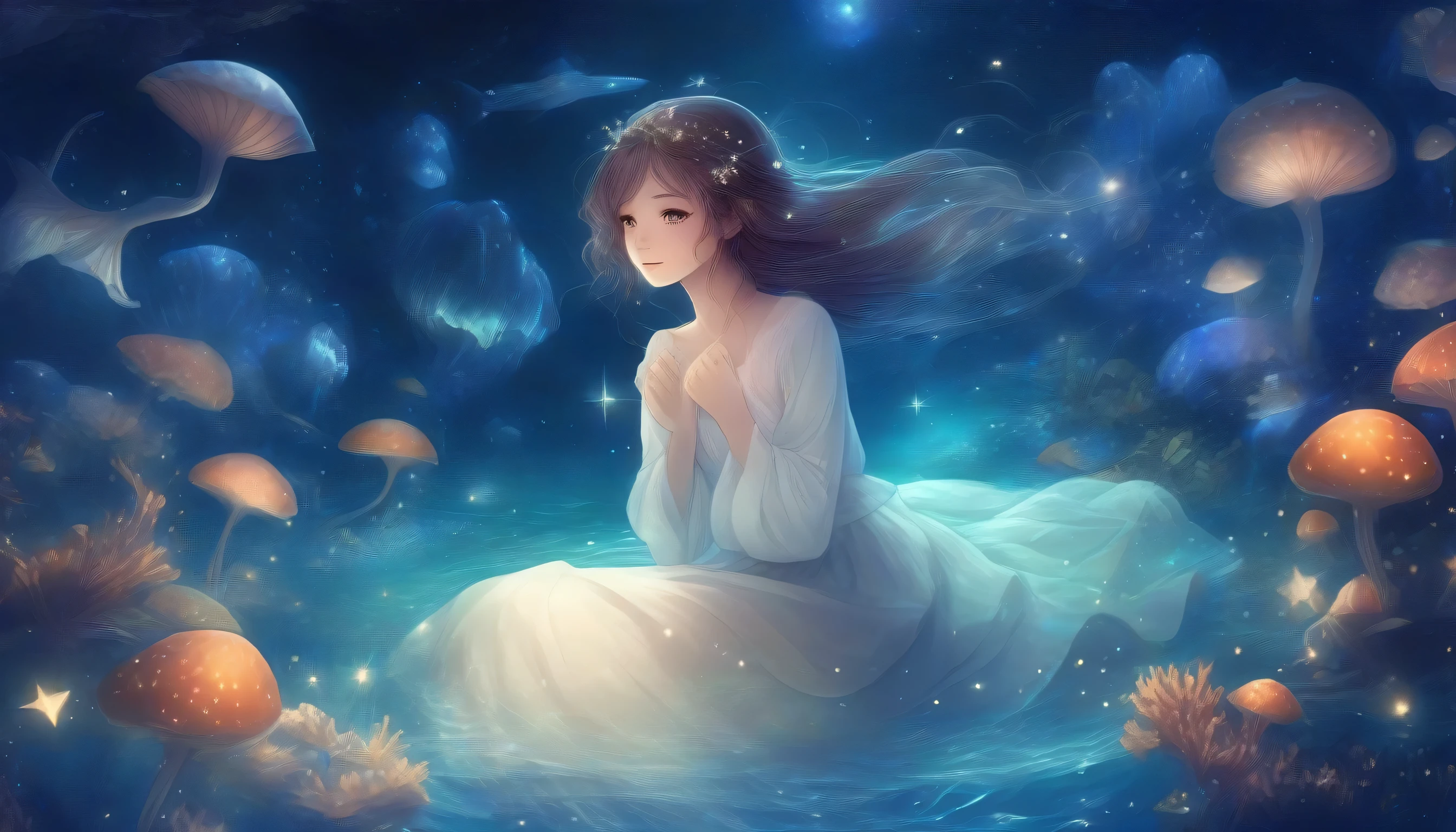 (One girl:1.3),Aria_fairy tale,Fantastic World,Underwater starry sky,