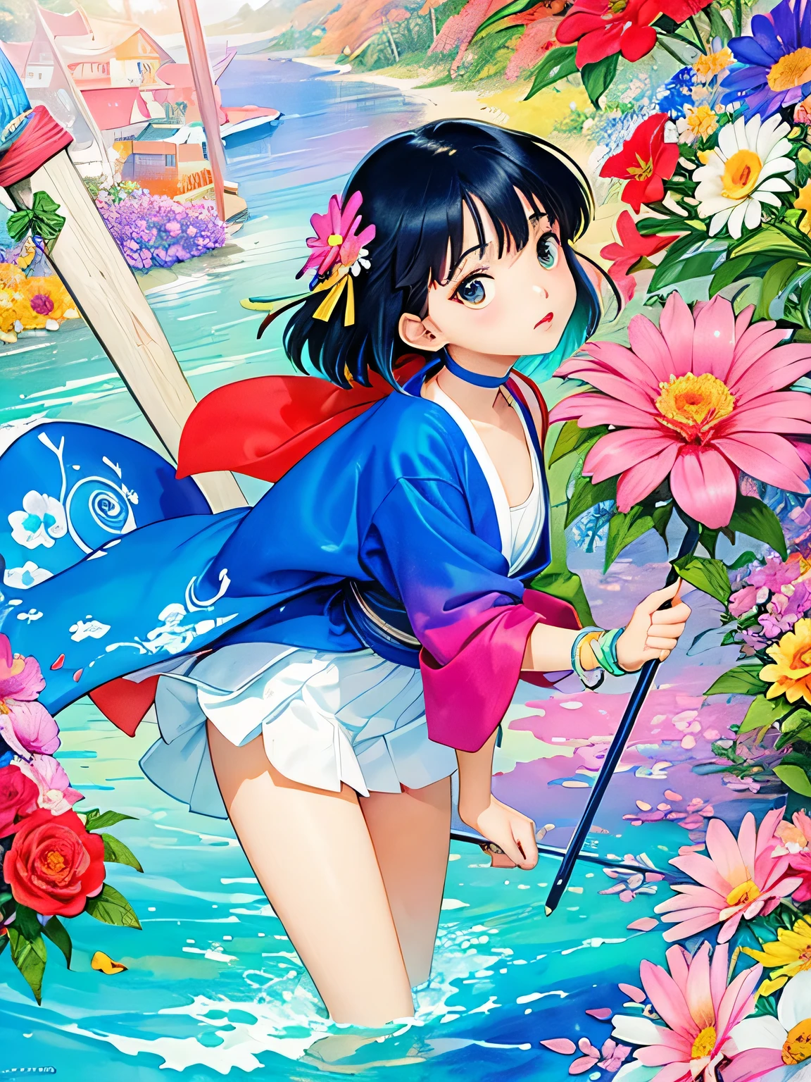 Rumiko Takahashi style、8K Quality、Intense watercolor, Detailed watercolor art, Watercolor splash, Surreal, avant-garde pop art, Beautiful and expressive paintings, Beautiful artwork illustration, Very colorful tones, wonderful, Cool beauty, highest quality、Official Art, Vector art, Stylish design, ((The most beautiful girl of all time)), (((highest quality))), HDR, ((detailed)), (((Doodle Art)), ((masterpiece)), ((Super detailed)), (((Colorful flowers))), Midsummer Beach,