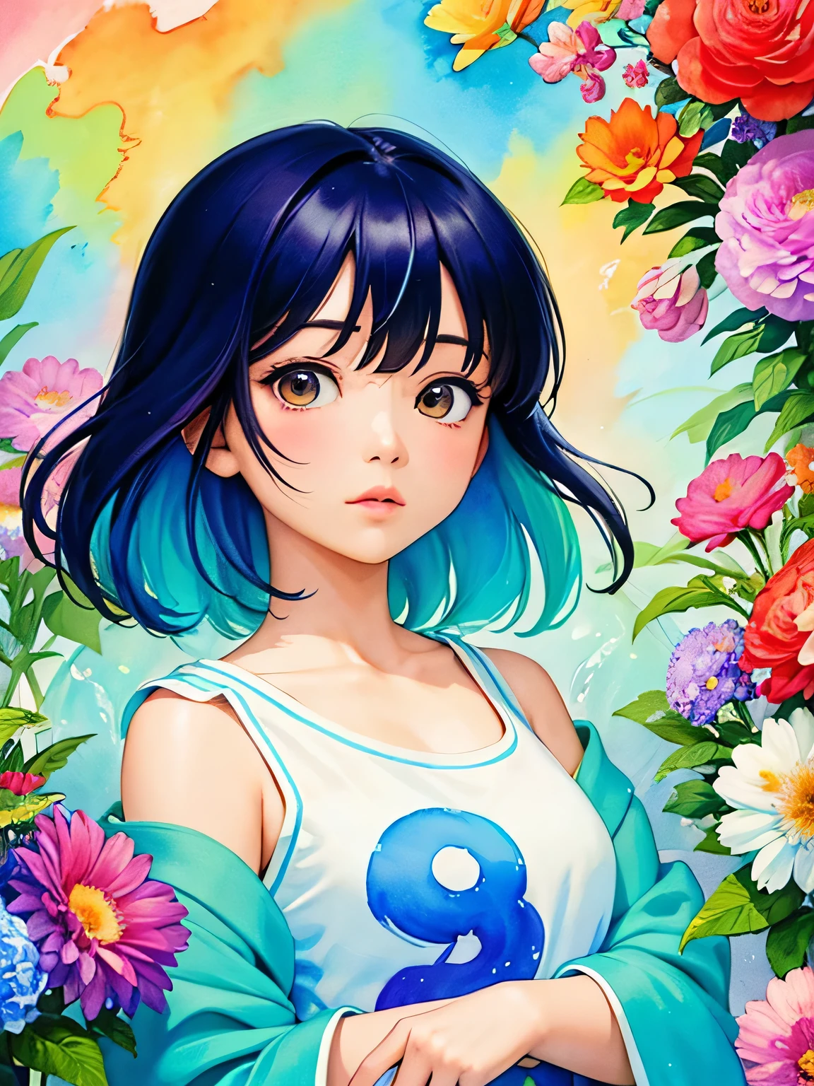 Rumiko Takahashi style、8K Quality、Intense watercolor, Detailed watercolor art, Watercolor splash, Surreal, avant-garde pop art, Beautiful and expressive paintings, Beautiful artwork illustration, Very colorful tones, wonderful, Cool beauty, highest quality、Official Art, Vector art, Stylish design, ((The most beautiful girl of all time)), (((highest quality))), HDR, ((detailed)), (((Doodle Art)), ((masterpiece)), ((Super detailed)), (((Colorful flowers))), Midsummer Beach,