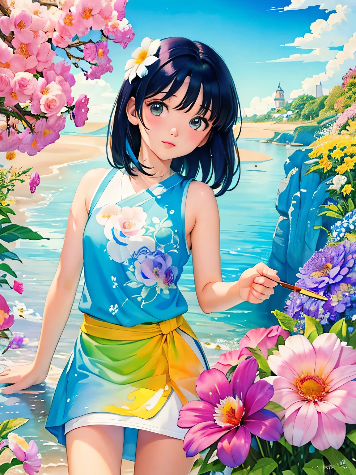 Rumiko Takahashi style、8K Quality、Intense watercolor, Detailed watercolor art, Watercolor splash, Surreal, avant-garde pop art, Beautiful and expressive paintings, Beautiful artwork illustration, Very colorful tones, wonderful, Cool beauty, highest quality、Official Art, Vector art, Stylish design, ((The most beautiful girl of all time)), (((highest quality))), HDR, ((detailed)), (((Doodle Art)), ((masterpiece)), ((Super detailed)), (((Colorful flowers))), Midsummer Beach,