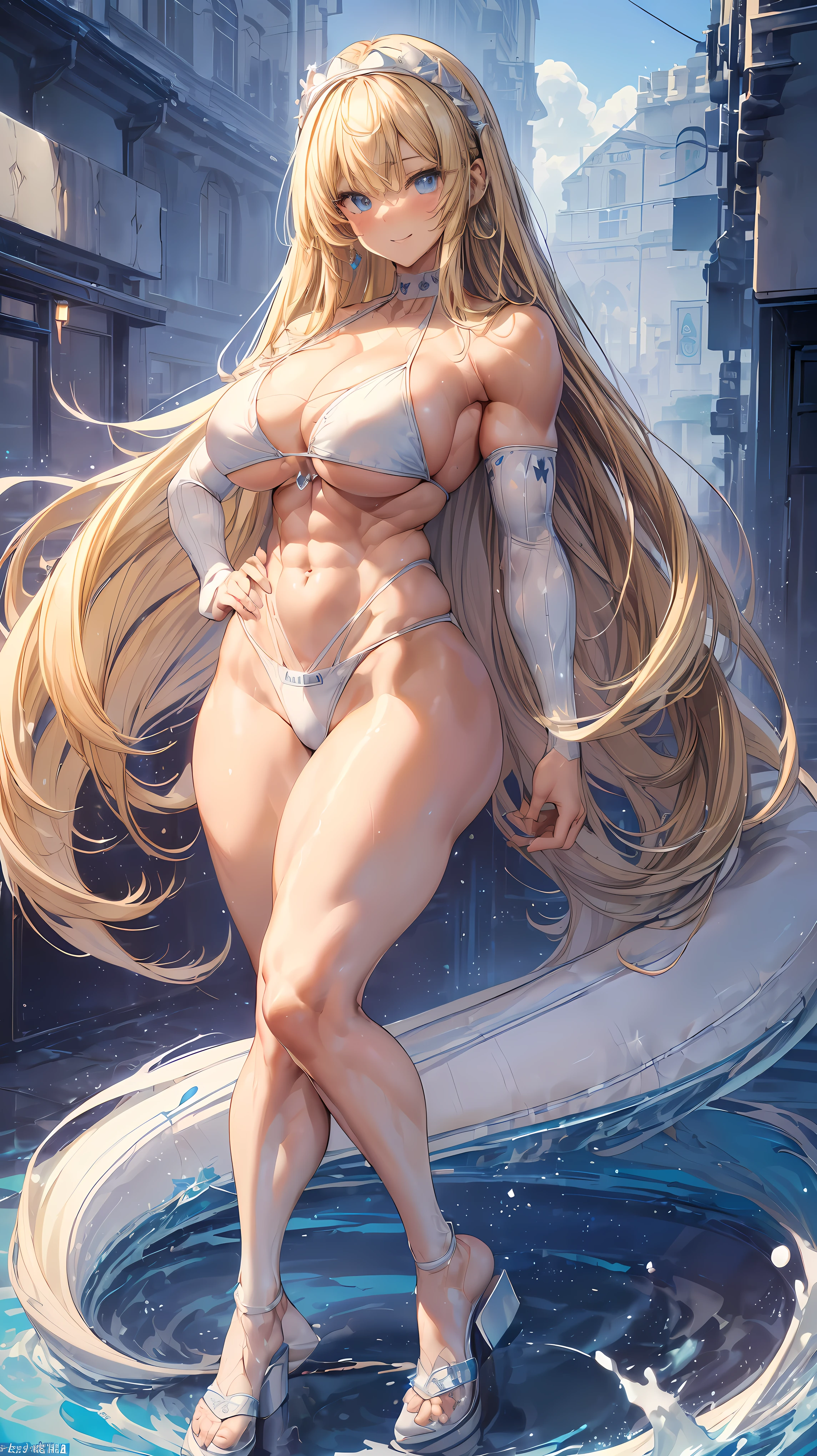 Very detailed、highest quality、Best image quality、masterpiece、8k、Anime Face、A kind smile、(Open your mouth:1.3)、Sparkling blue eyes、(Blonde semi-long hair:1.5)、(Muscles of the whole body:1.3)、(High leg:2.0)、Thigh belt、(White high cut bikini:1.5)、(Upper body photo:1.5)、(SFW Giant)、(Thick body:1.2)
