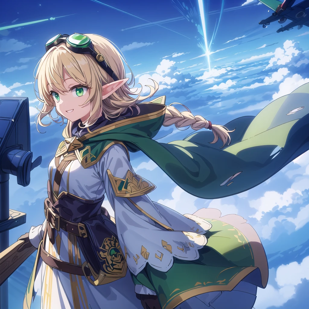 (((Masterpiece、highest quality、High precision、High and wonderful)))、((Fantasy))、1 person、(((Elf Girl)))、(White skirt with gold embroidery)、(Blonde long braid)、(big glowing dark green eyes、Shining Eyes)、((Long cloak with big hood))、(Green surcoat with gold embroidery)、(((Head Goggles)))、((Thick gloves))、big 、smile、(((fly in the sky)))、(((Flight sensation)))、((((Clouds streaming from the screen))))、((Torn Clouds))、(Jump into the sky)、((aerial photograph))、storm、Many particles of light are flying、Dynamic Angle、Side view
