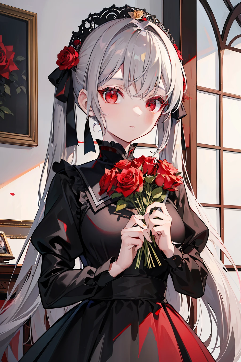 (highest quality、masterpiece)、(One Girl、solo、Black Dress、standing、Look at the viewers、Gray Hair、Red eyes、There are roses、Shut your mouth.、Upper body)、(Red dream catcher in the back、Red flower、)、Red mesh hair、Hair length、Twin tails、yellow