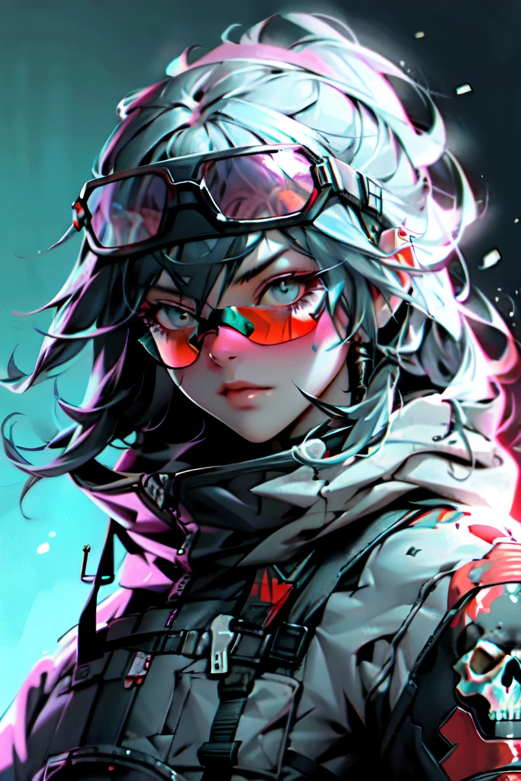 Solider, war, bloody, hurt, snow, skull-patterned balaclava, headset, and dark red sunglasses.