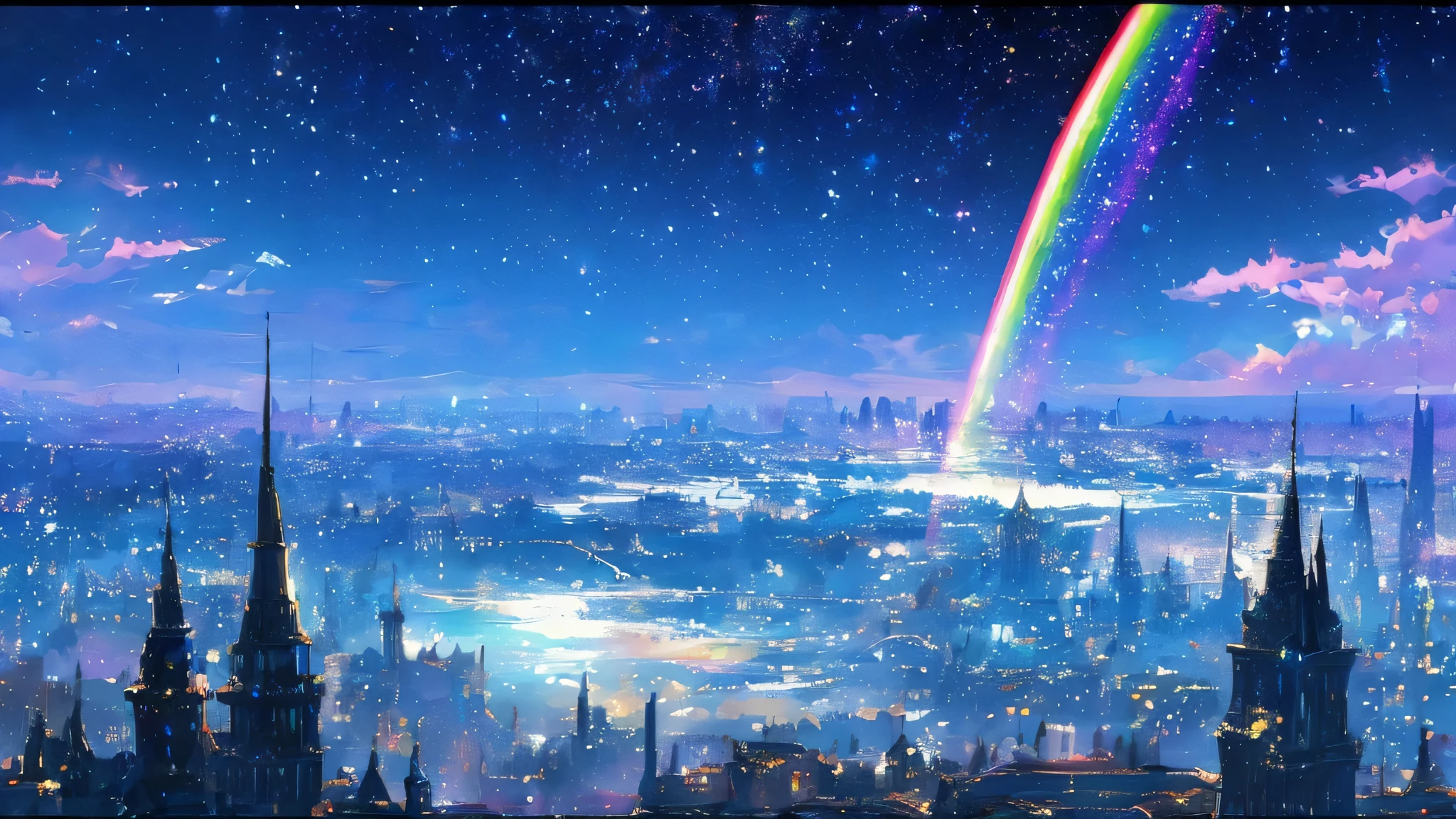Colorful Metropolitan Museum of Art、Painting of a river with stars and moon in a rainbow sky、Met、Shining skyscraper、Shine overall、skyscraper、Concept art inspired by Tosa Mitsuoki、Pixiv Contest Winners、highest quality、Fantasy art、Beautiful anime scene、Bright Moon、Moonlight Star Environment、Dream Painting、Anime Background Art、Fantasy Landscape Painting、Fantasy Knight、Anime Background、Background artwork、Great art、Atmospheric anime、Starry Sky、details enhanced。