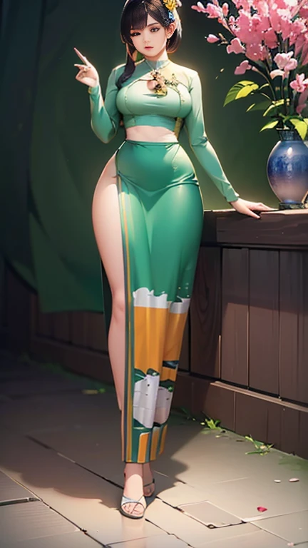 Burmese girl with attractive curvy full body.  Friends full-length bikini, (green dress) reflective long dress painted with flower patterns, only dress.  hi gh hips  High resolution  High resolution  natural background  High resolution  HD  3D,  8K cartoon anime 