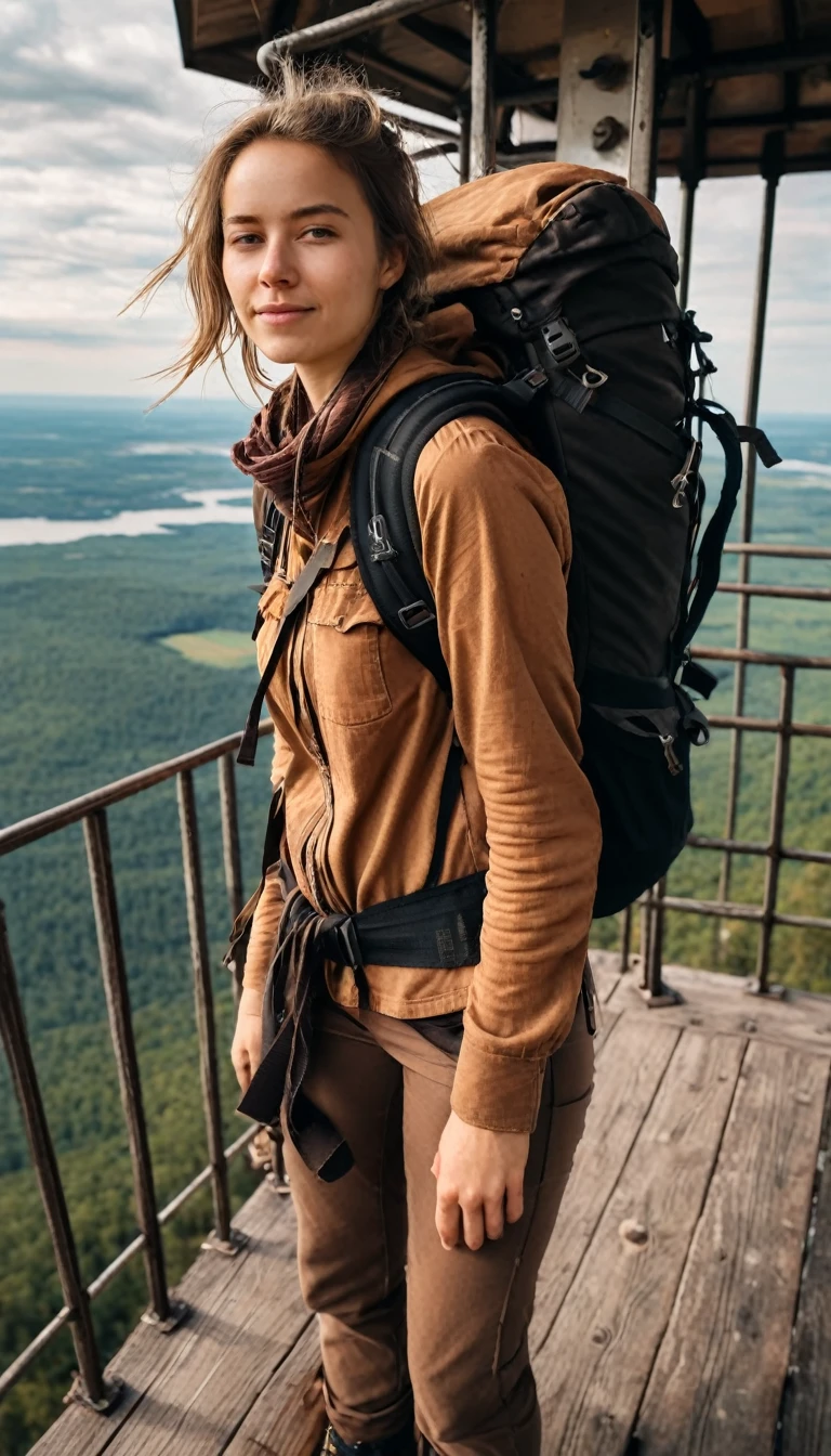 she, the adventurer is at the top of lookout tower and poses fowerful. She is wearing brown clothes and carrying a black backpack.
many details, extreme detailed, full of details,
Wide range of colors.
Many details everywhere. soft shadows. Low saturation colors. Insane quality. Insane resolution. Insane details. Masterpiece. 32k resolution.
Dramatic,Dynamic,Cinematic,Sharp details