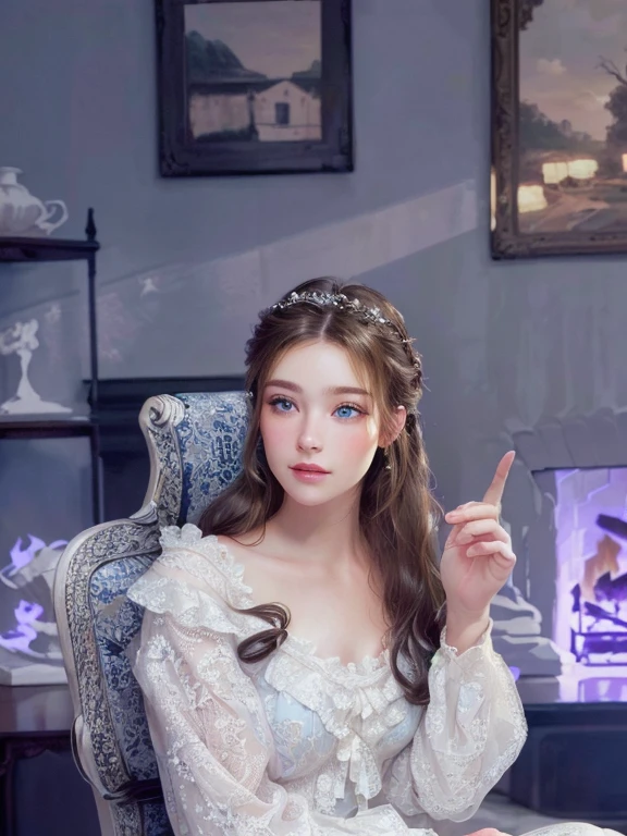 A woman sitting on a chair, European-American style, (best quality, highres, HDR), with natural lighting, dark brown wooden chair, elegant posture, wearing a stylish dress, with delicate lace details, medium:oil painting, detailed facial features, piercing blue eyes, full lips, long eyelashes, medium-blonde hair, draped over her shoulder, soft curls cascading down, sitting in a well-decorated room, with a vintage fireplace in the background, flickering flames illuminating the scene, warm and cozy ambiance, vibrant colors, soft shadows, capturing a serene moment of solitude and sophistication.