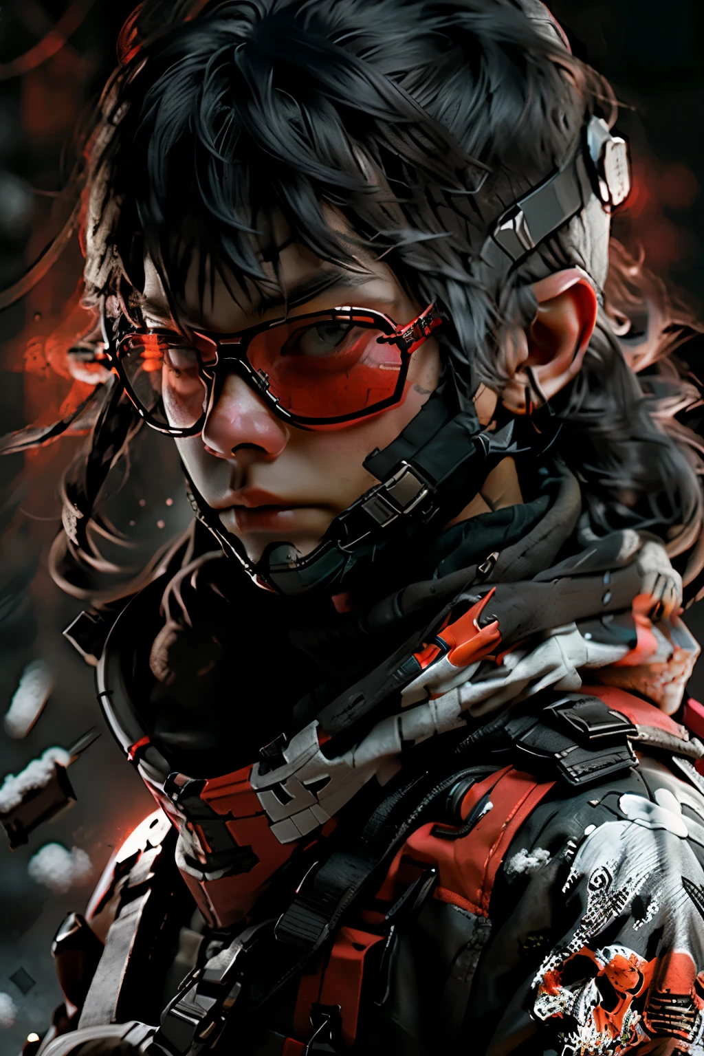 Solider, war, bloody, hurt, snow, skull-patterned balaclava, headset, and dark red sunglasses, male