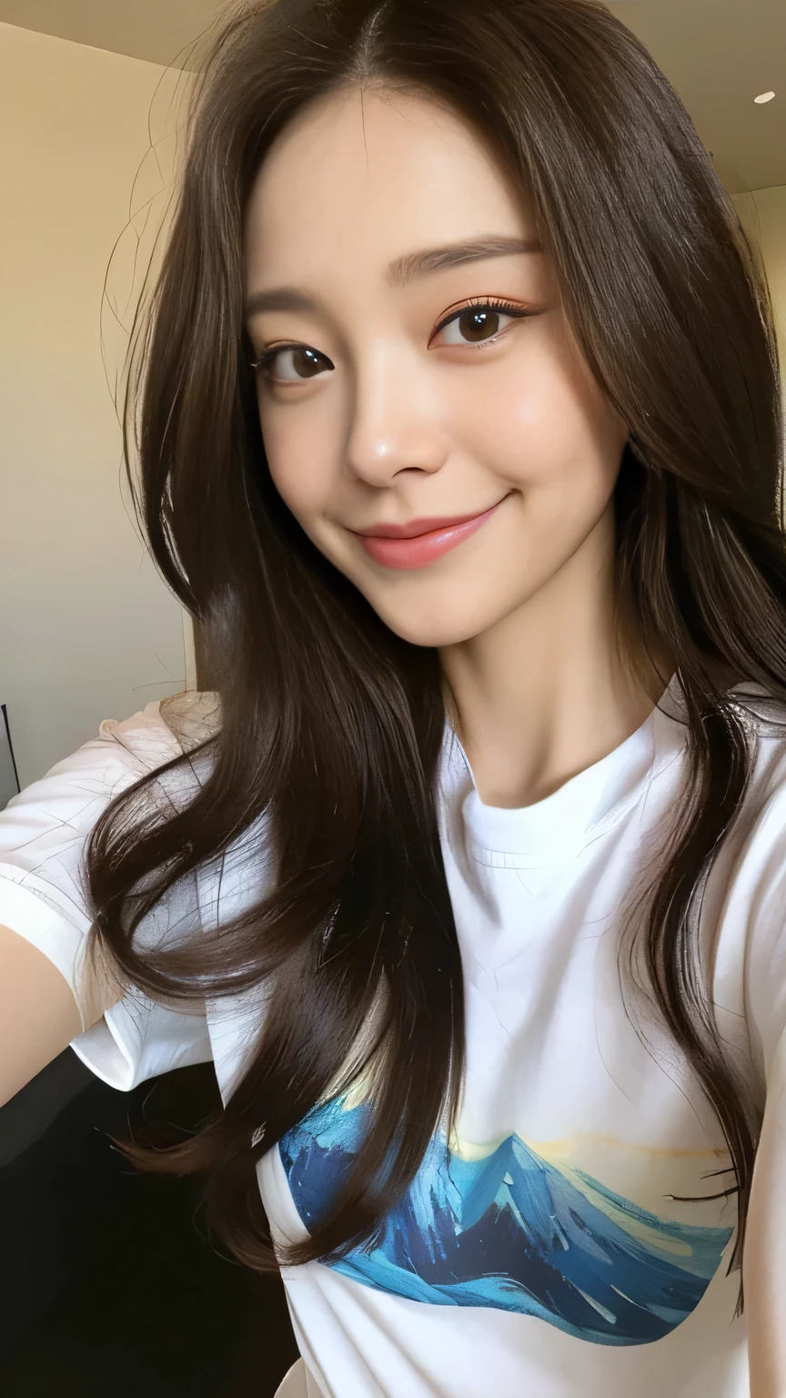 Full body angle、((highest quality, 8K, masterpiece:1.3)), concentrated:1.2, Perfect body beauty:1.4, Hips:1.2, ((Delicate Hair)), (Colorful cross neck slim fit t-shirt for women、 :1.1) , ((highest quality、8K、masterpiece:1.3))、1 Girl、A sloppy smile、Esbian all over、Slim face、Big 、Beautiful woman、(Dark Brown Hair)、Long Hair、1.1、Flickering Valley、Detailed eyes、double eyelid、Blurred Background、超Slim face、Smile、Looking down、