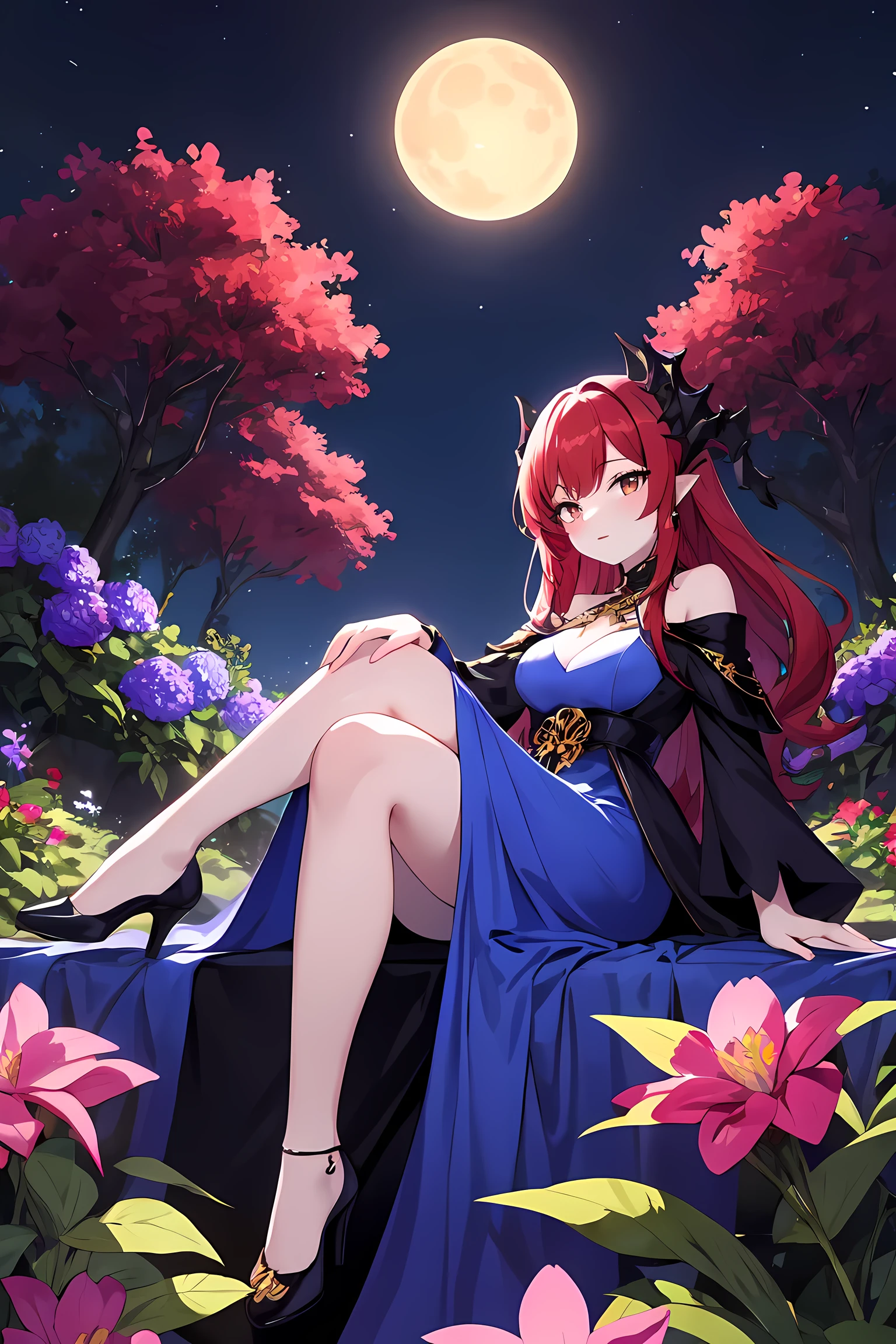 Beautiful and alluring dragon girl with long flowing ruby-red hair, sapphire-blue silk gown with onyx-black satin accents, sitting in lavish garden with golden and jeweled flowers as the pale moonlight shines brightly in the night sky

